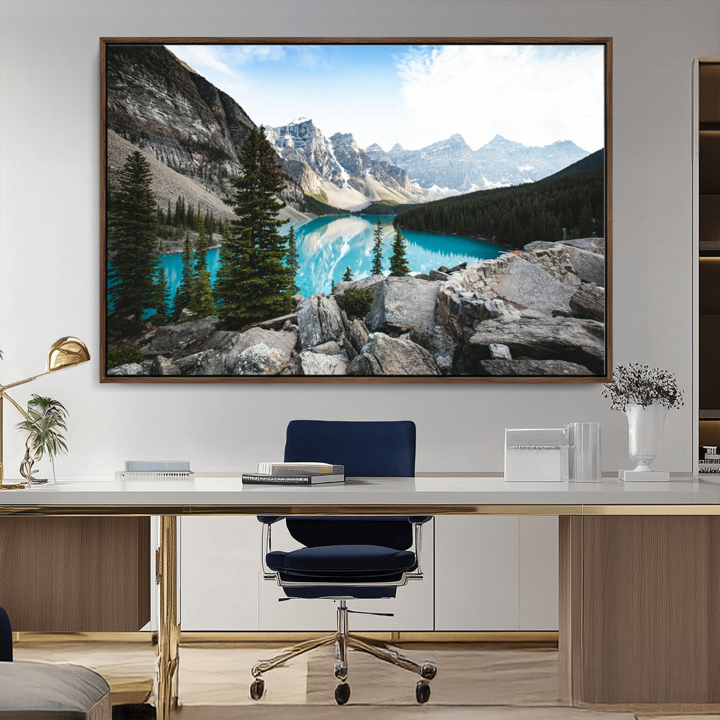 98014896-MGV-CV-36X24-Canadian Rockies Wall Art Canvas Print, Framed Mountain Landscape Art Picture Print, Turquoise Water Perfect Scandinavian