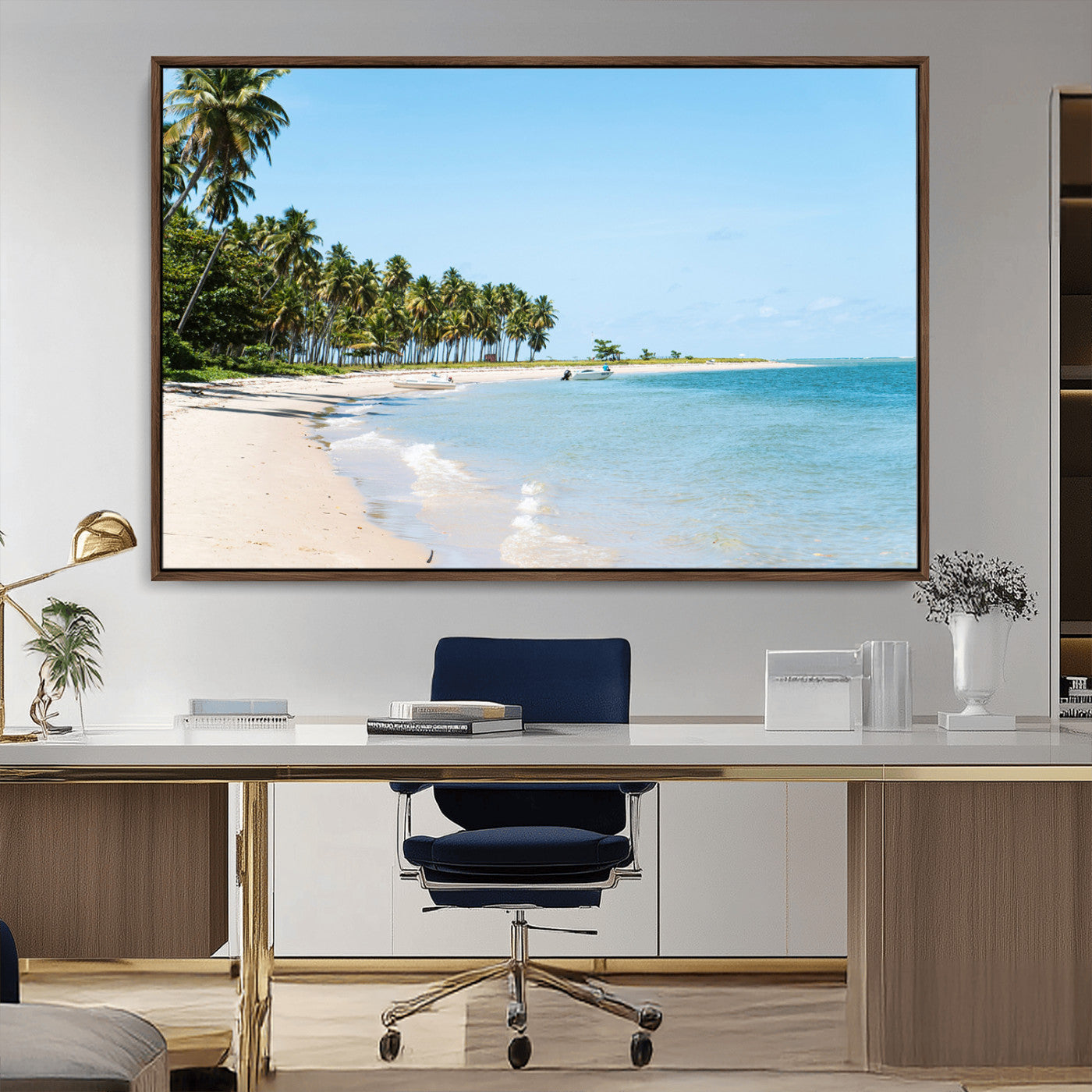 37858872-MGV-CV-36X24-Palm Tree Coast Wall Art Canvas Print, Framed Island Getaway Art Picture Print, Crystal Blue Water Perfect Tropical Coastal Decor