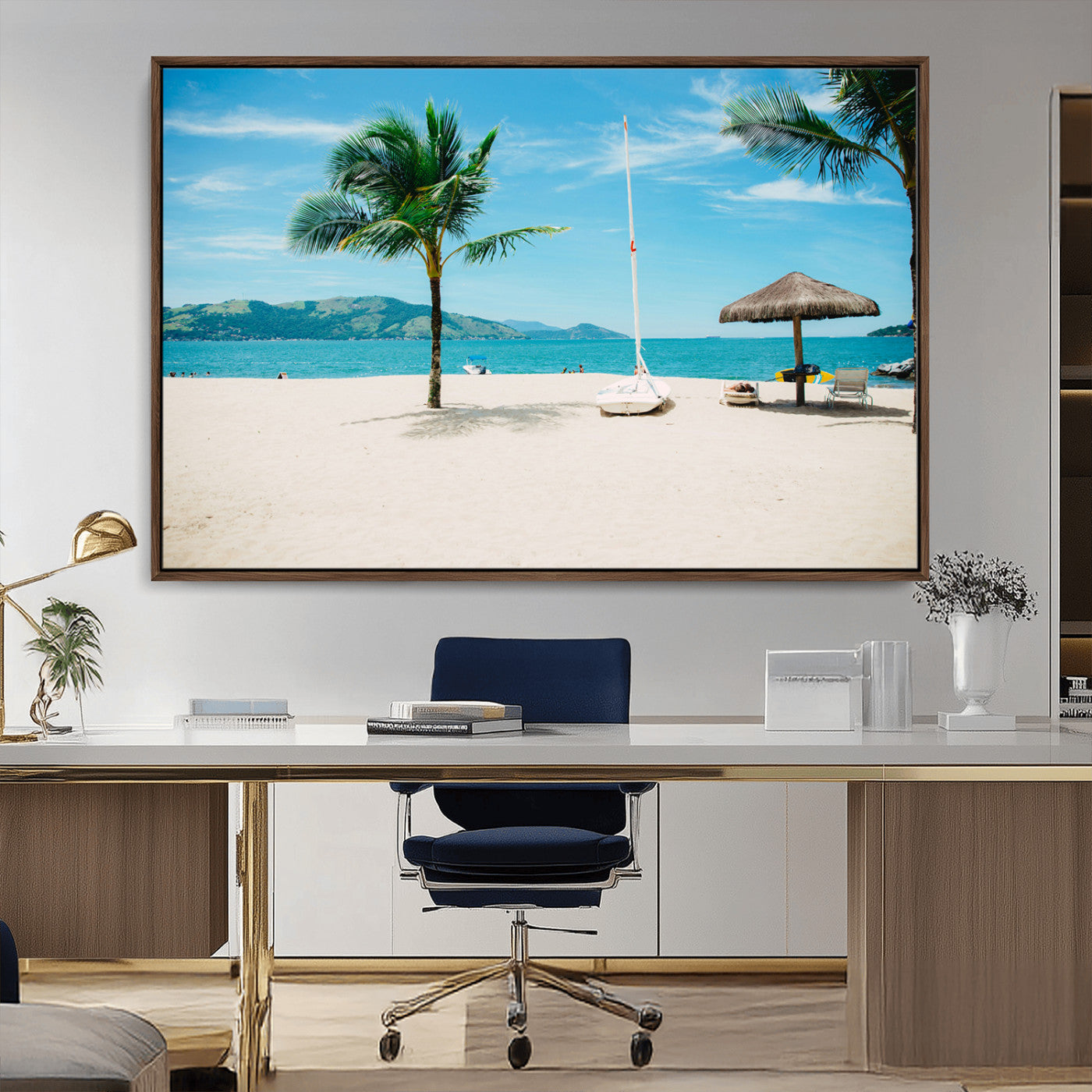 42623350-MGV-CV-36X24-Tropical Beach Wall Art Canvas Print, Framed Palm Tree Art Picture Print, Ocean View Perfect Tropical Coastal Decor Artwork