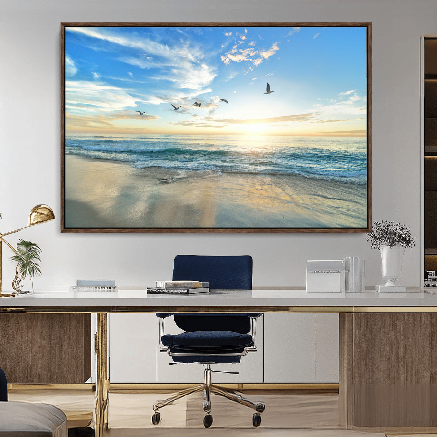 20708696-MGV-CV-36X24-Minimalist Seaside Wall Art Canvas Print, Framed Morning Glow Art Picture Print, Golden Reflections Perfect Coastal Minimalist