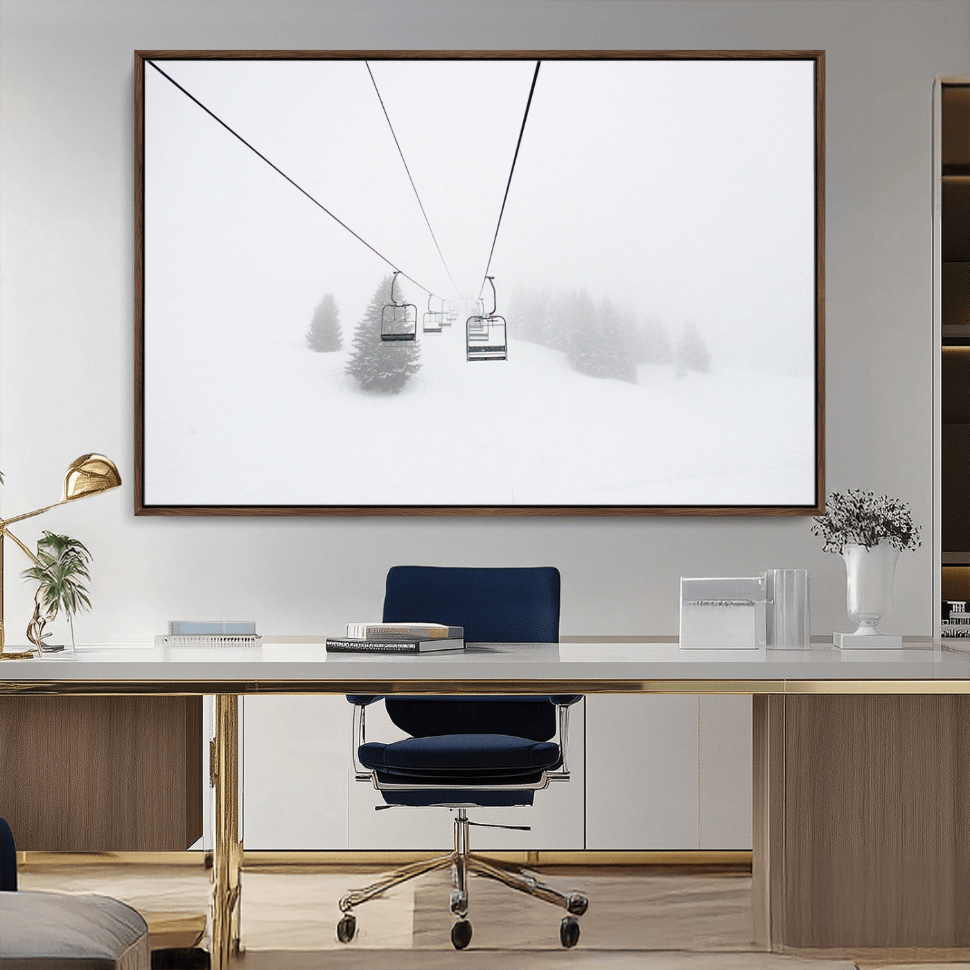 20216390-MGV-CV-36X24-Ski Lift Wall Art Canvas Print, Framed Snowy Landscape Art Picture Print, Alpine Adventure Perfect Nordic Minimalist Decor Artwork