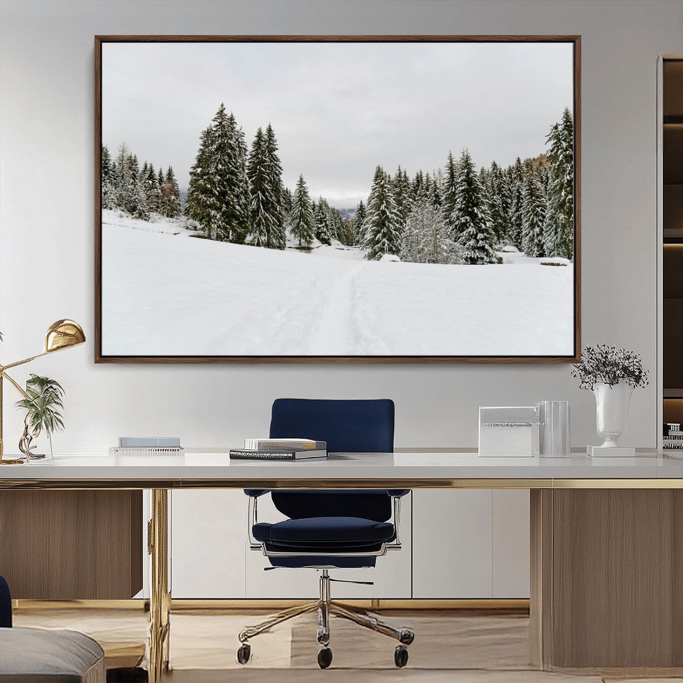 24581417-MGV-CV-36X24-Frosty Pines Wall Art Canvas Print, Framed Silent Snowfall Art Picture Print, Cozy Cabin Vibes Perfect Nordic Minimalist Decor