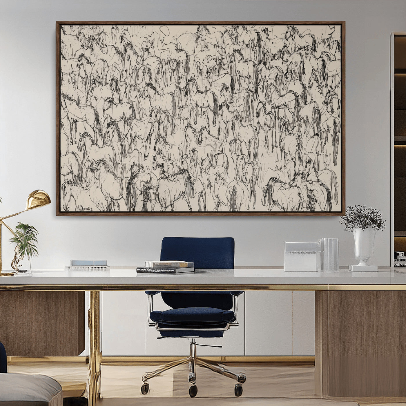 12358908-MGV-FC-36X24_Walnut-Horse Herd Sketch Wall Art – Abstract Wild Horses Line Drawing Canvas Print, Rustic Western Style Equestrian Decor for Living