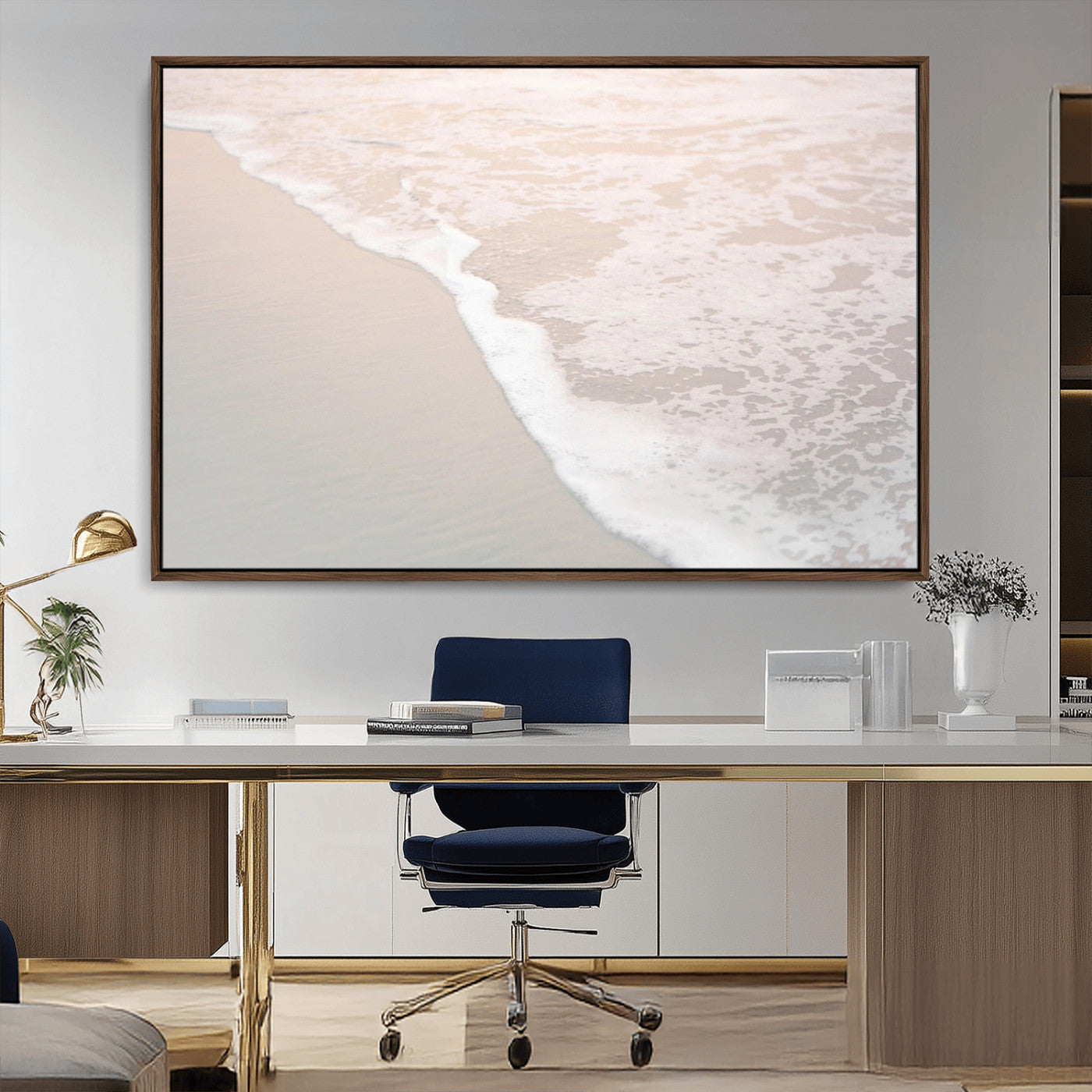 28414510-MGV-CV-36X24-Ocean Shoreline Wall Art – Minimal Coastal Beach Canvas Print, Soft Sea Foam and Sand Photography Artwork, Relaxing Nautical Decor