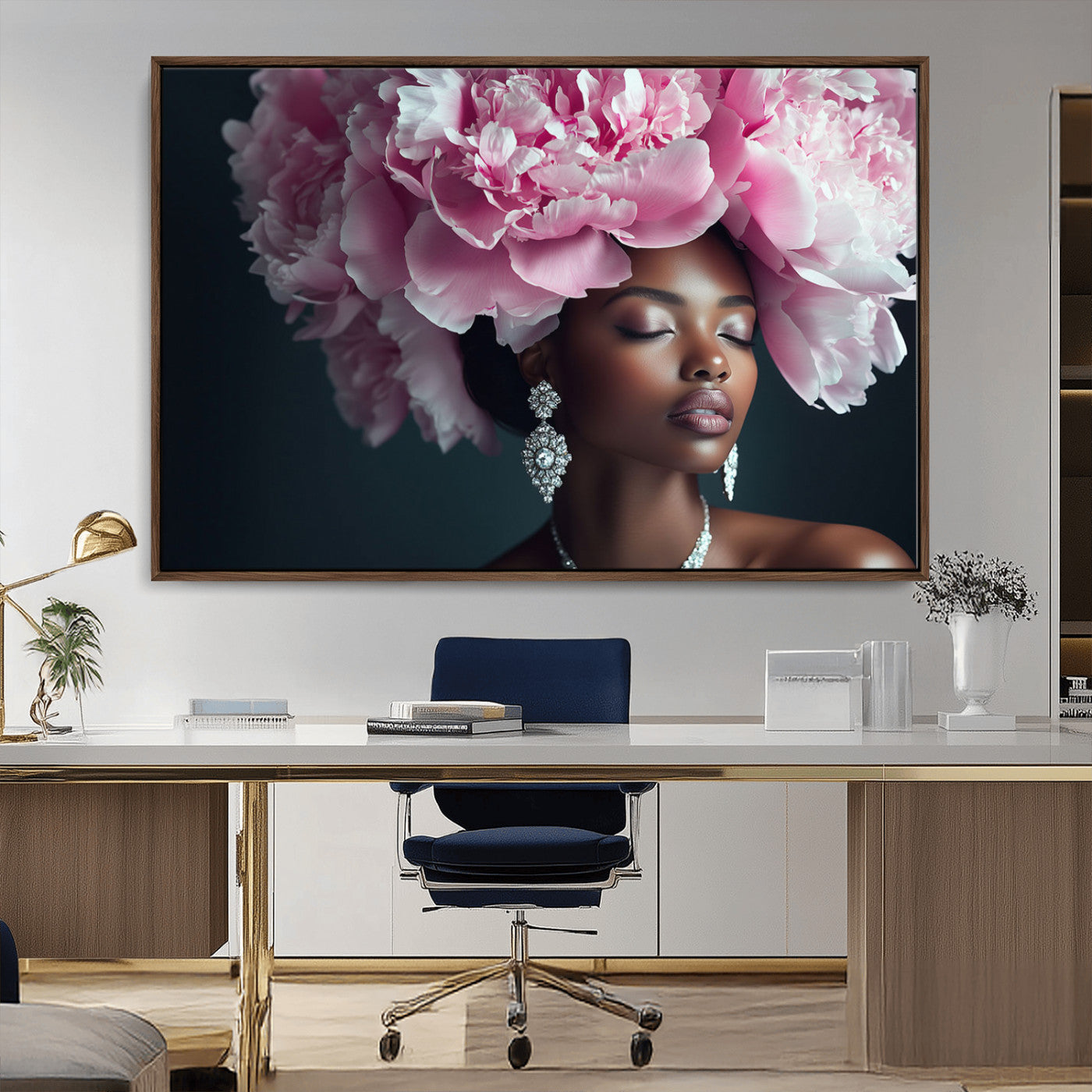 35482880-MGV-CV-36X24-Floral Portrait Wall Art – Elegant Woman with Pink Peony Headpiece Canvas Print, Luxury Fashion Inspired Artwork, Modern Glam