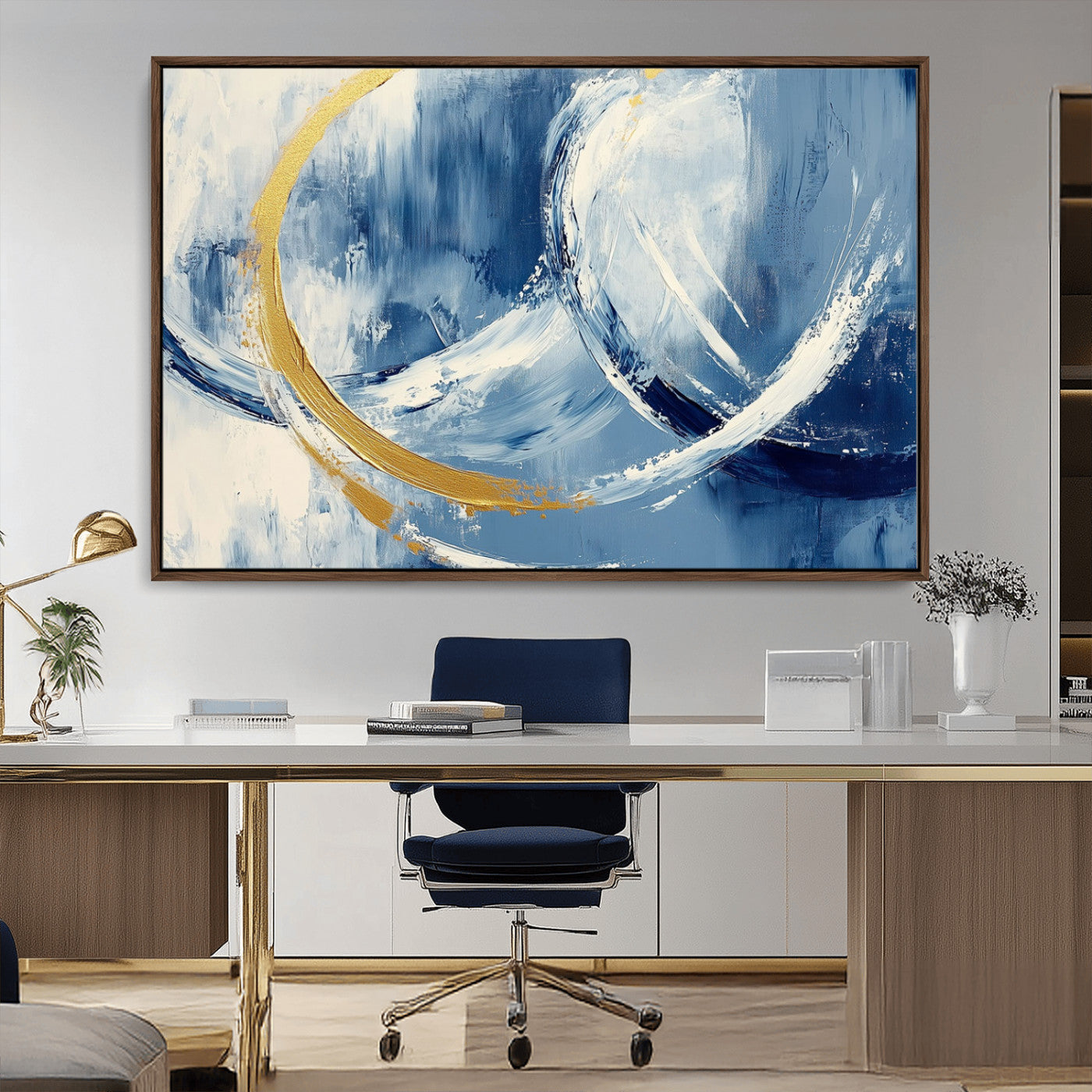 42475677-MGV-CV-36X24-Blue and Gold Abstract Wall Art – Modern Luxury Canvas Print, Navy White Brushstroke Painting, Contemporary Home Office Living