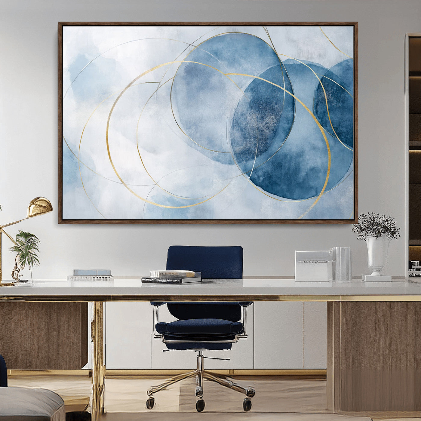 47060443-MGV-CV-36X24-Blue Abstract Circle Wall Art – Modern Gold and Navy Canvas Print, Minimalist Geometric Painting for Living Room, Bedroom, Office
