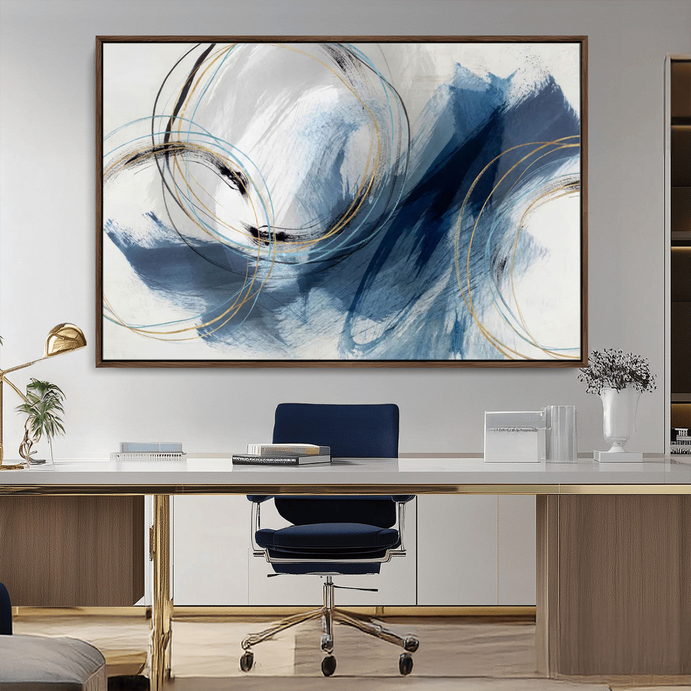 49589477-MGV-CV-36X24-Blue Abstract Wall Art – Modern Circle Canvas Print with Gold and Black Accents, Contemporary Fluid Brushstroke Painting for