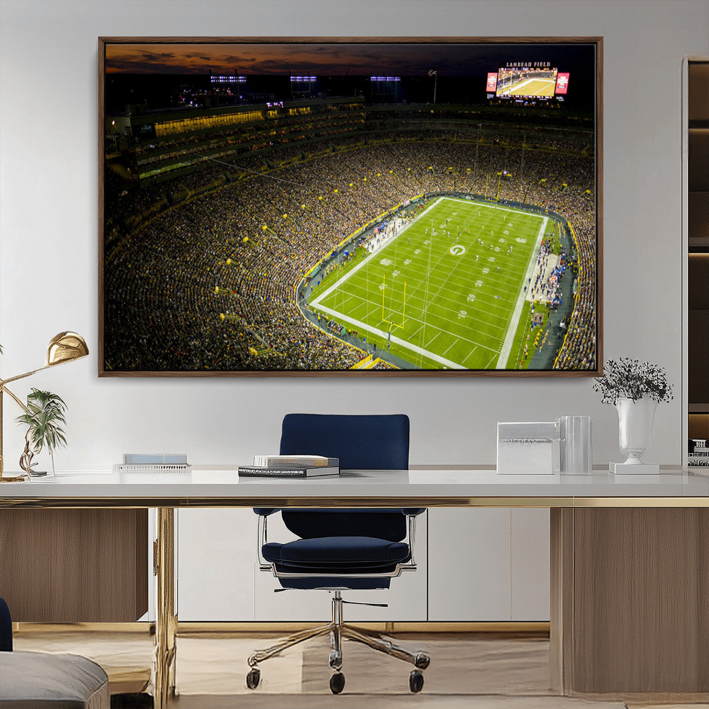 23655234-MGV-CV-36X24-Lambeau Field Stadium Wall Art – American Football Night Game Canvas Print with Packed Crowd and Lights – Sports Decor for Man
