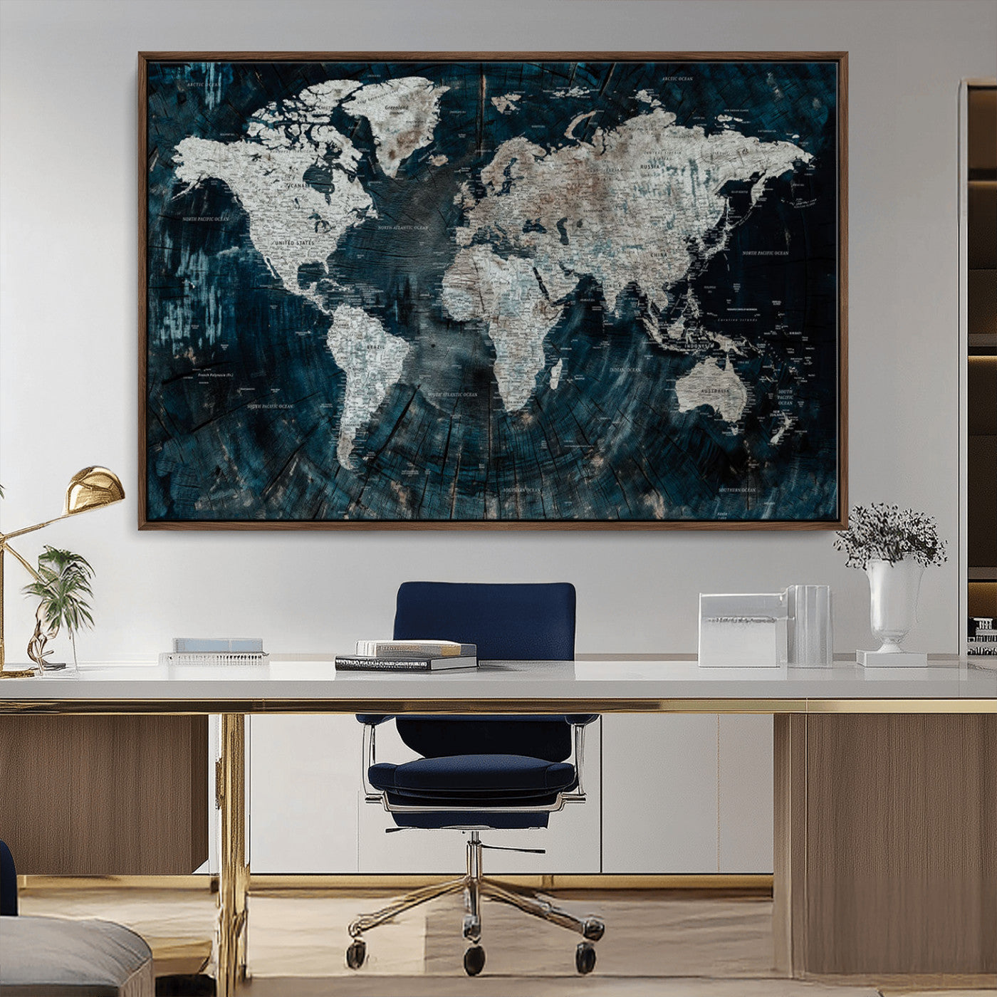34425609-MGV-CV-36X24-World Map Wall Art – Rustic Navy and Grey Atlas Canvas Print, Distressed Explorer Map Artwork, Industrial Style Decor for Office,