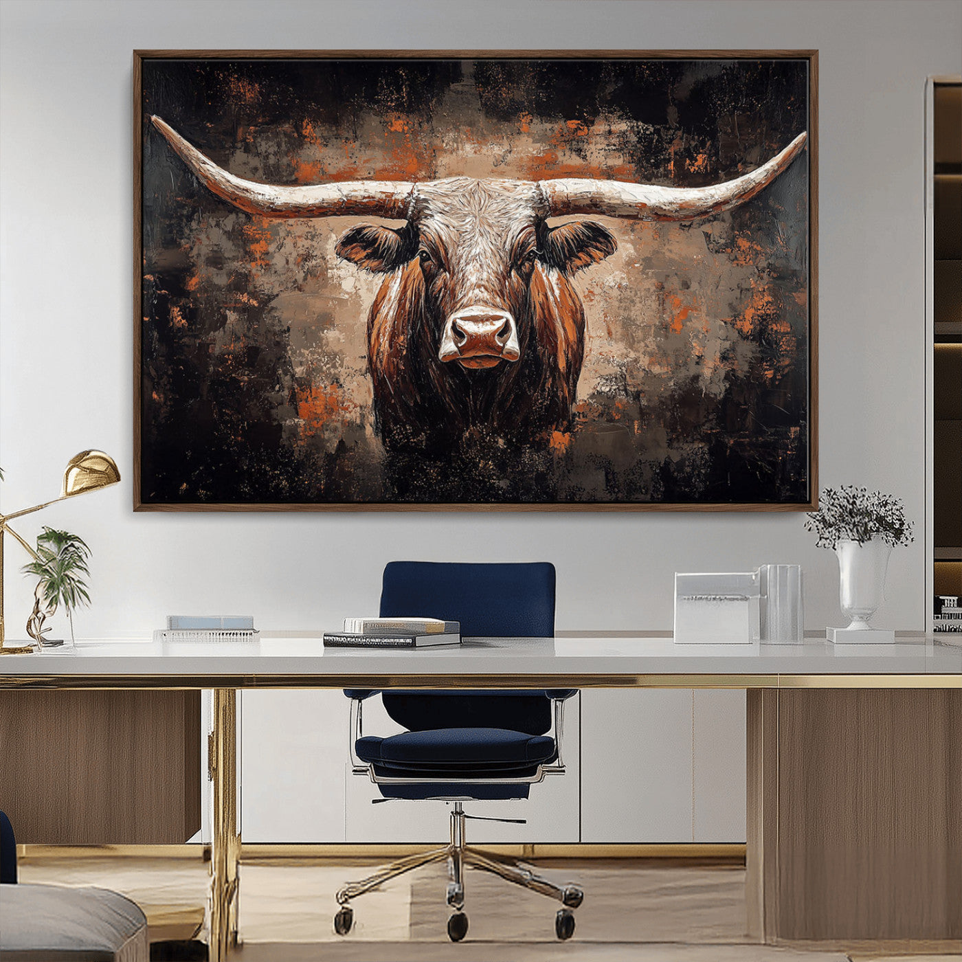 24779067-MGV-CV-36X24-Longhorn Bull Wall Art – Western Rustic Canvas Print, Bold Cowboy Cattle Painting for Ranch House, Farmhouse, Office, or Living