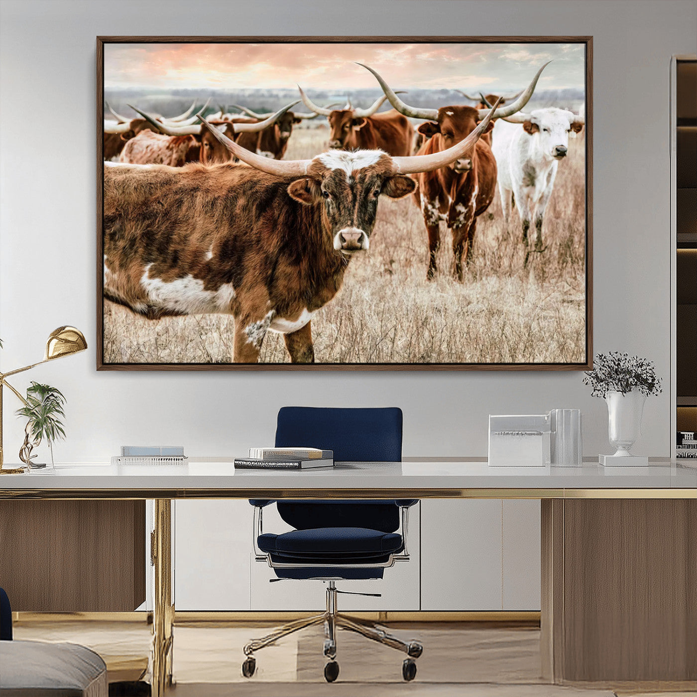 47758300-MGV-CV-36X24-Texas Longhorn Cattle Wall Art – Rustic Western Herd Canvas Print, Cowboy Ranch Farmhouse Decor for Living Room, Office, or