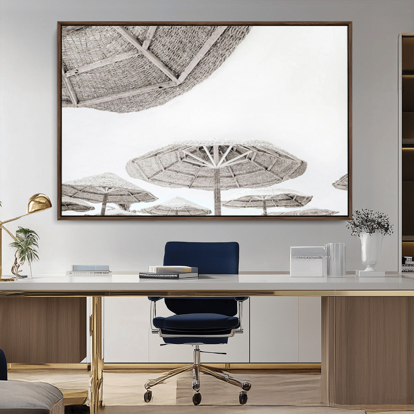 97043123-MGV-CV-36X24-Beach Umbrella Wall Art – Minimalist Coastal Canvas Print, Woven Parasol Summer Decor for Bedroom, Living Room, or Modern Beach