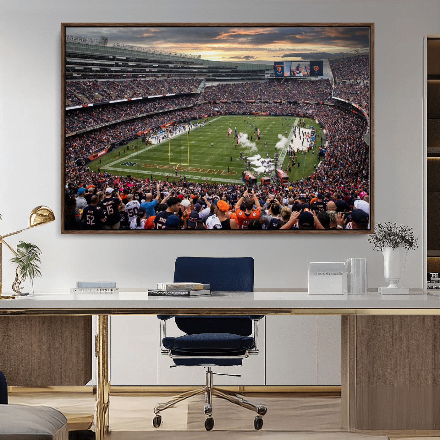 87578930-MGV-FC-36X24_Walnut-Soldier Field Wall Art – Chicago Bears Football Stadium Sunset Canvas Print, Game Day Sports Decor for Man Cave, Bar, Office, or