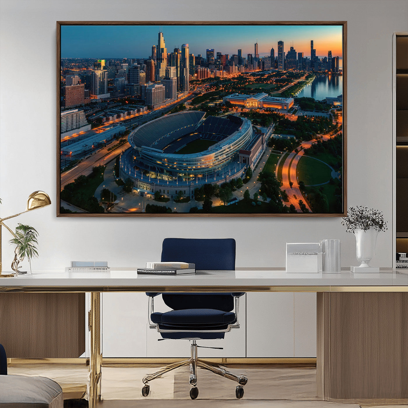36690345-MGV-FC-36X24_Walnut-Soldier Field Wall Art – Chicago Bears Stadium Aerial Night Canvas Print, City Skyline Football Decor for Living Room, Office, or