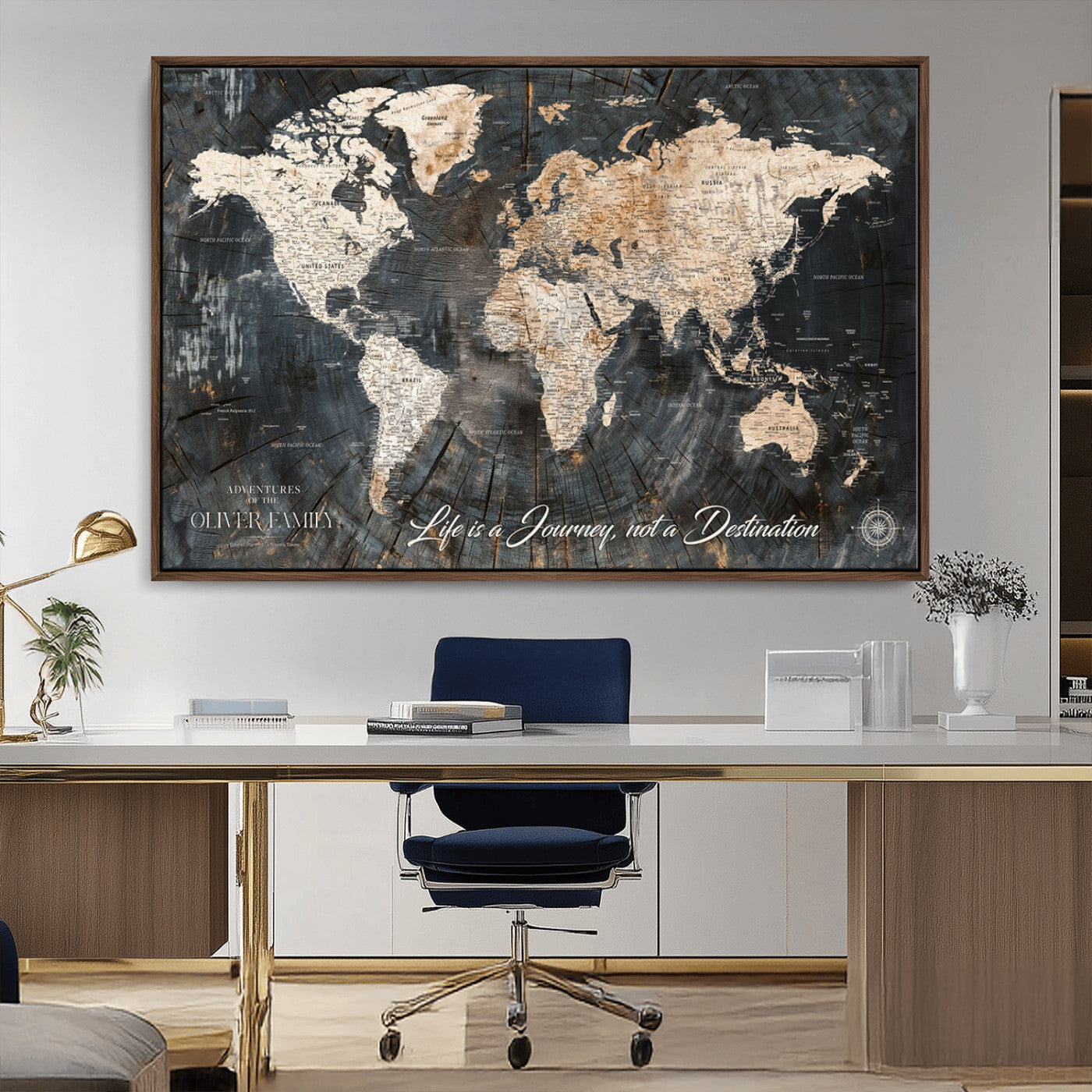 37848568-MGV-CV-36X24-Life is a Journey Not a Destination World Map Rustic Wood Texture Vintage Beige Navy Adventure Wall Art Canvas Print for Home
