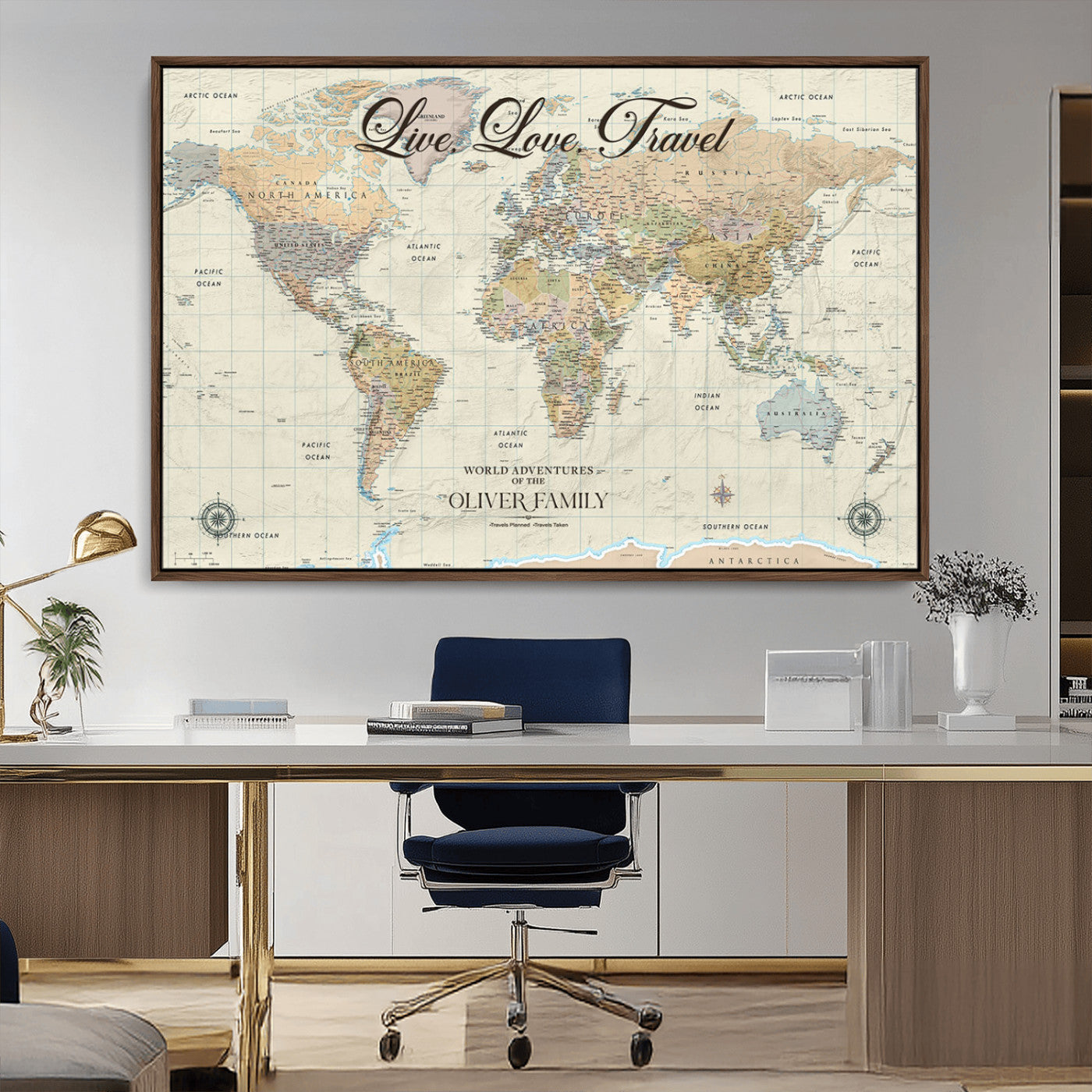 19479008-MGV-CV-36X24-Live Love Travel Wall Art – Detailed World Map Canvas Print, Adventure Decor for Living Room, Office or Bedroom, Travel Gift for