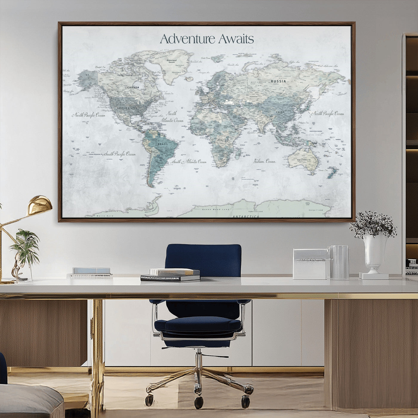 TEST111-MGV-CV-36X24-Personalized Adventure Awaits Push Pin World Map – Custom Framed Travel Tracker Canvas Wall Art for Home, Office