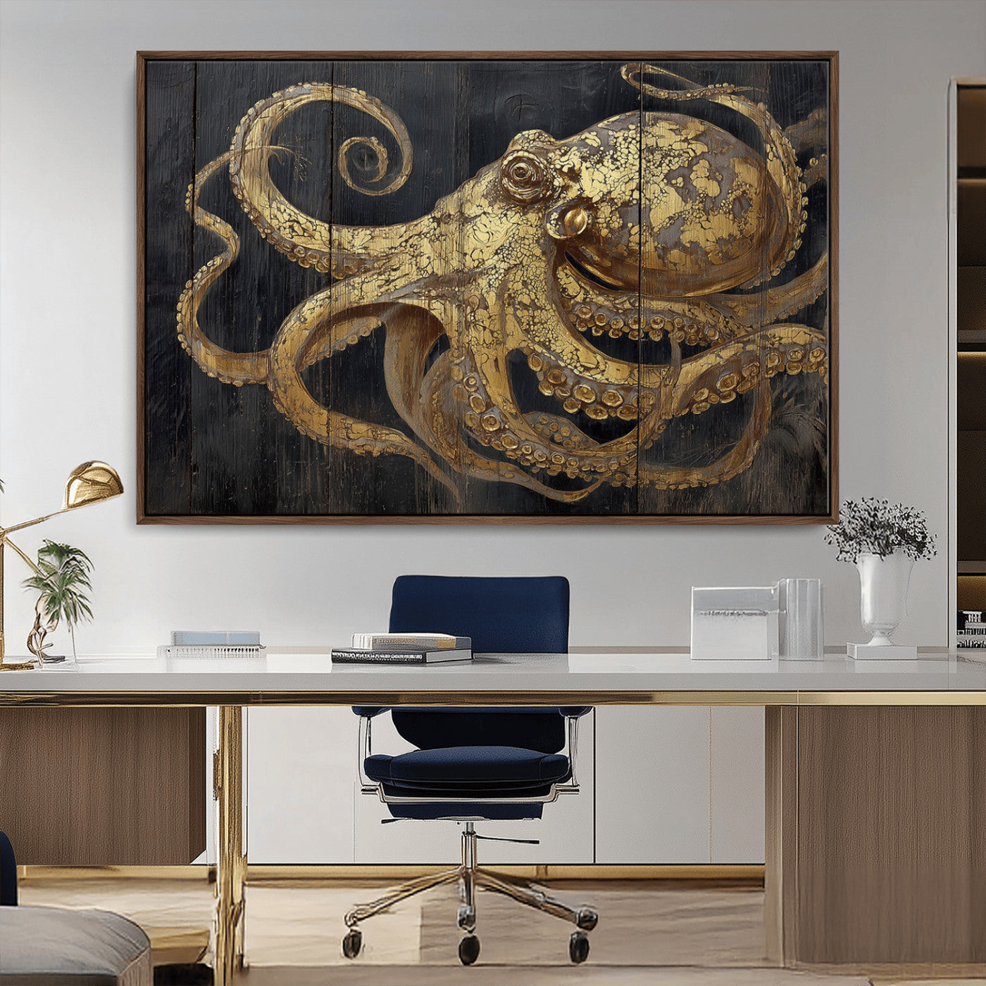 47056538-MGV-CV-36X24-Octopus Wall Art – Gold Nautical Canvas Print with Rustic Wood Texture, Marine Creature Artwork for Coastal Ocean Decoration in