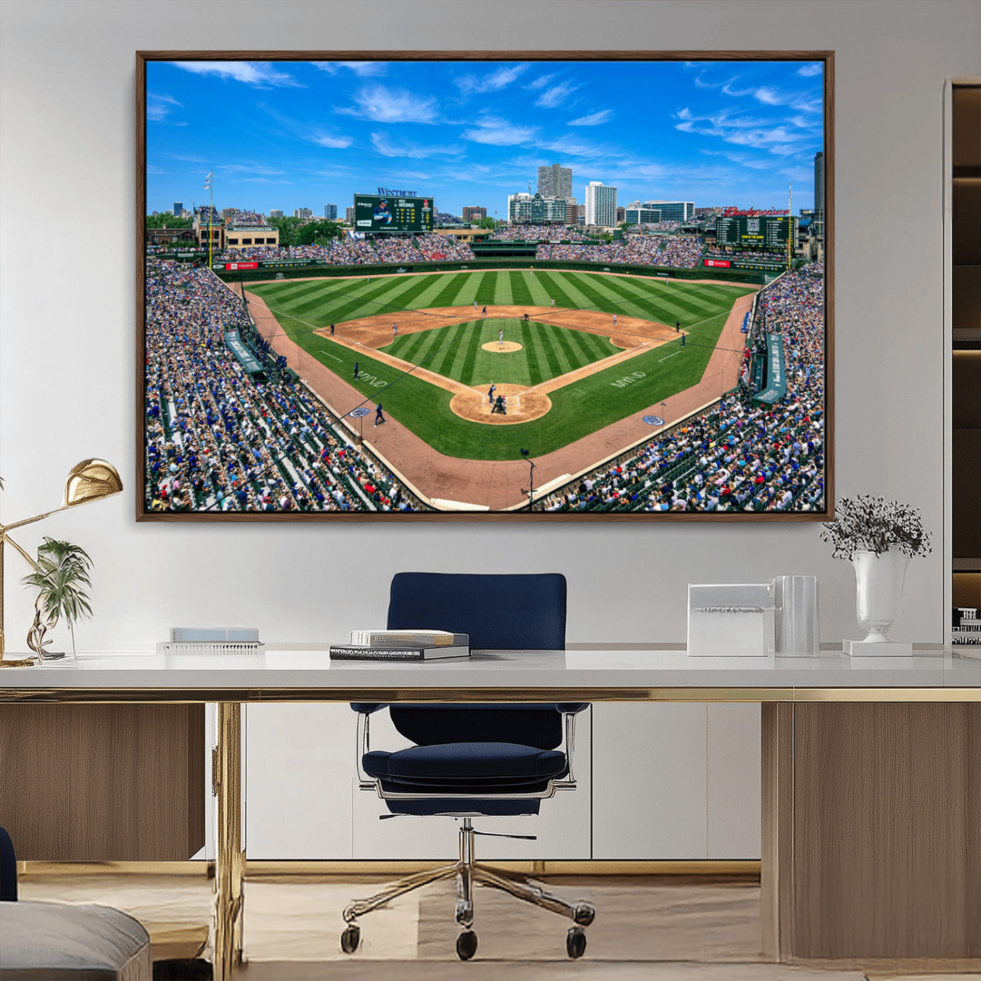 56213978-MGV-CV-36X24-Wrigley Field Baseball Stadium Canvas Wall Art – Packed Crowd Sports Stadium Print, City Skyline Baseball Field Canvas for Game
