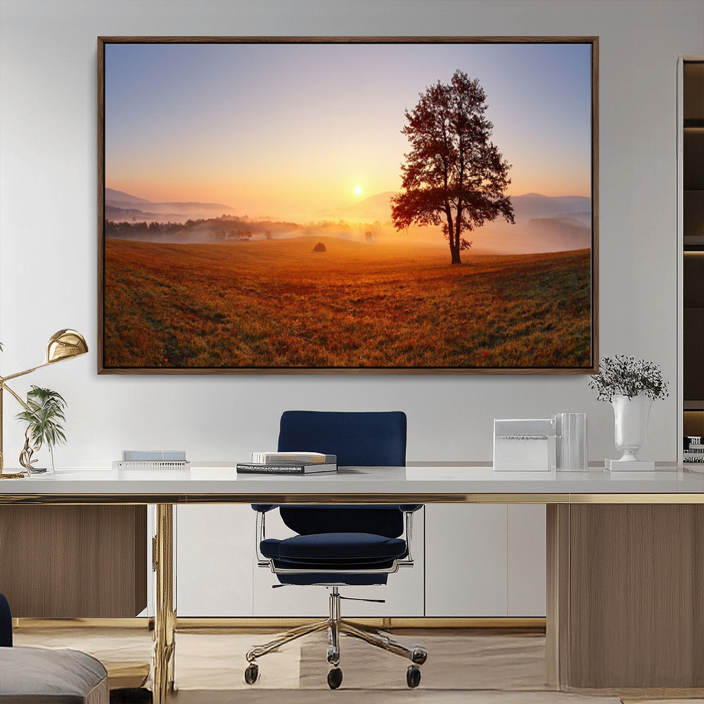 57919623-MGV-CV-36X24-Golden Sunrise Landscape Canvas Wall Art - Framed Misty Field Print, Large Nature Canvas for Living Room, Office, or Home Decor