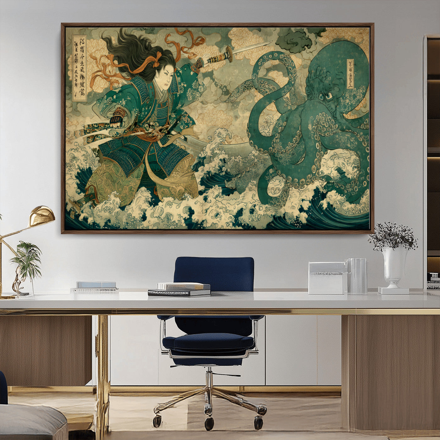 24416422-MGV-CV-36X24-Samurai vs Octopus Wall Art – Japanese Warrior Ocean Battle Canvas Print, Ukiyo e Inspired Decor for Home, Office, or Man Cave