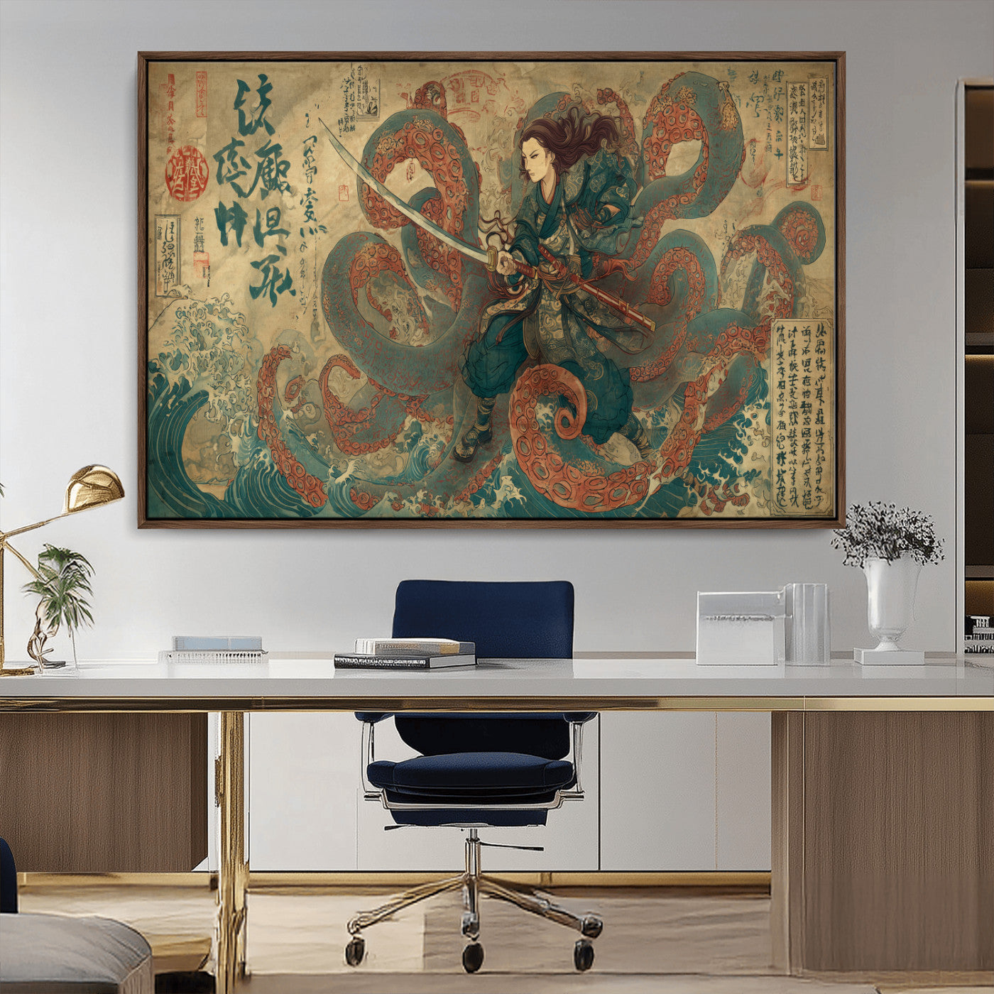 98593115-MGV-CV-36X24-Samurai Warrior vs Octopus Wall Art – Japanese Ukiyo-e Calligraphy Canvas Print, Ocean Battle Scene Artwork for Living Room,