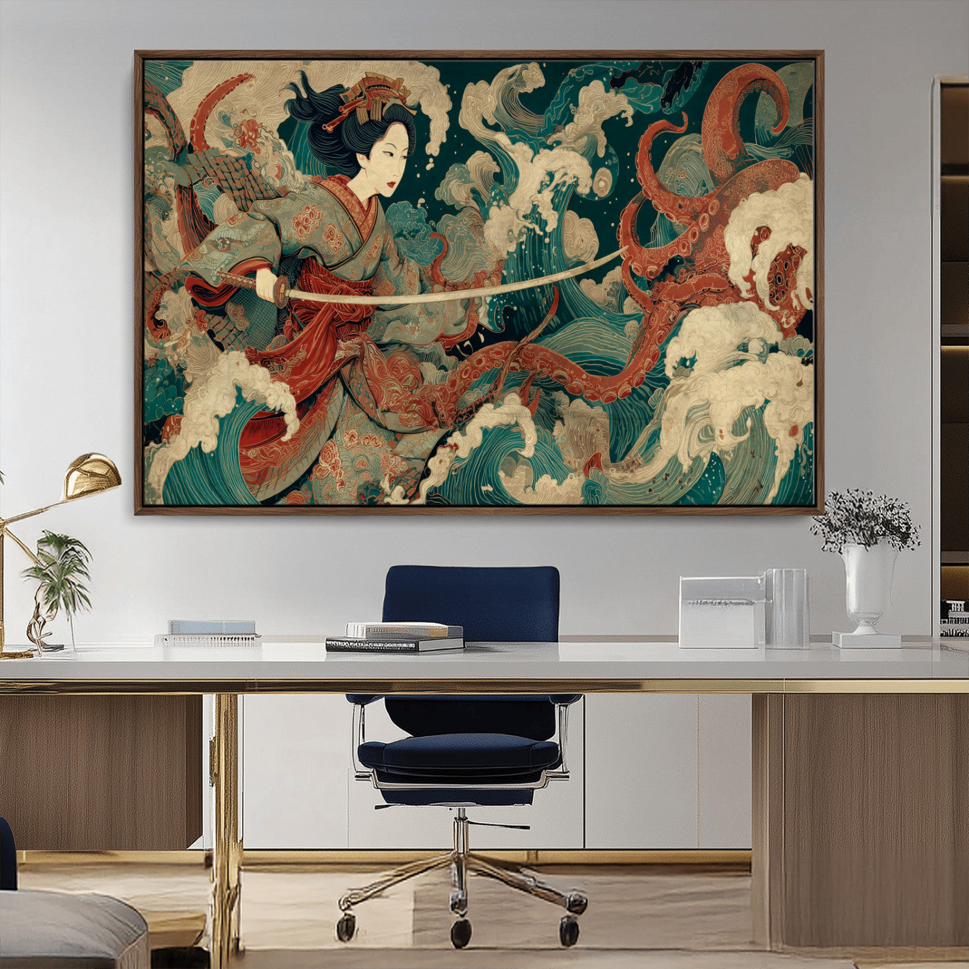 30212982-MGV-CV-36X24-Samurai Woman vs Octopus Wall Art – Japanese Ukiyo-e Style Warrior and Sea Monster Canvas Print, Mythology Inspired Artwork for