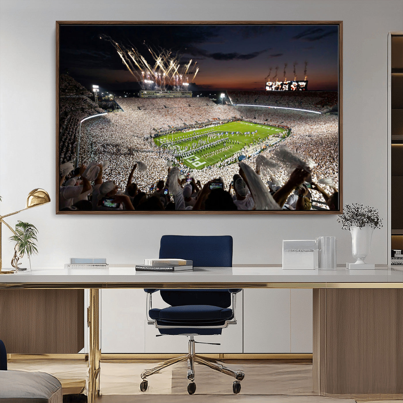 Penn-MGV-CV-36X24-Football Stadium Wall Art – Panoramic Night Game Canvas Print, Packed Crowd with Fireworks, Sports Decor for Office, Man Cave, Bar