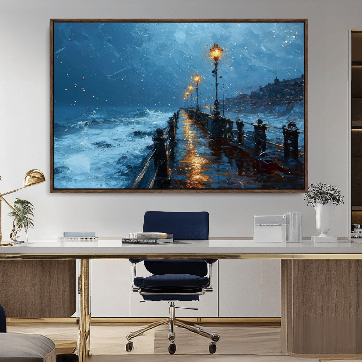 93793246-MGV-CV-36X24-Stormy Night Pier Canvas Wall Art – Moody Ocean Landscape with Lights, Blue Coastal Seascape Print for Bedroom, Living Room,