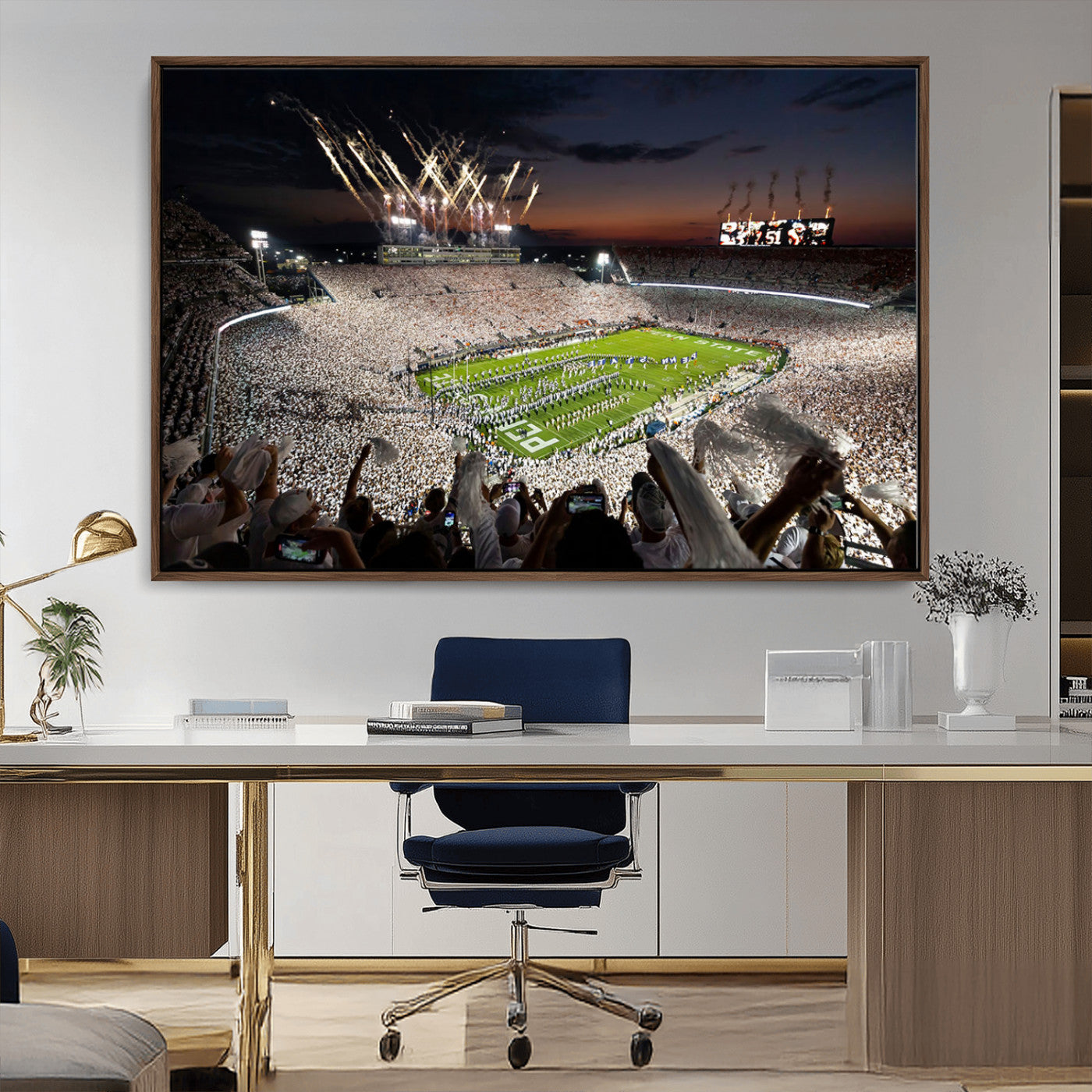 11221988-MGV-CV-36X24-Football Stadium Wall Art – Game Day Crowd with Fireworks, Sports Fan Photography Print, Stadium Decor for Man Cave, Bar, or