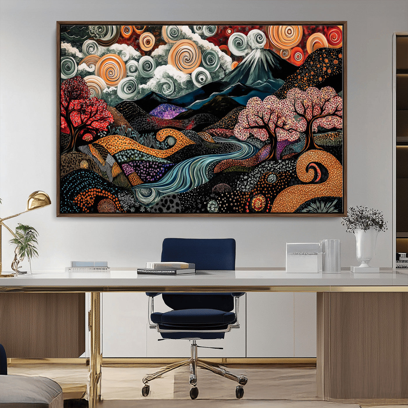 12680299-MGV-CV-36X24-Abstract Landscape Wall Art – Whimsical Swirling Sky Mountain Print with Cherry Blossoms and Colorful Dreamlike Nature Artwork for