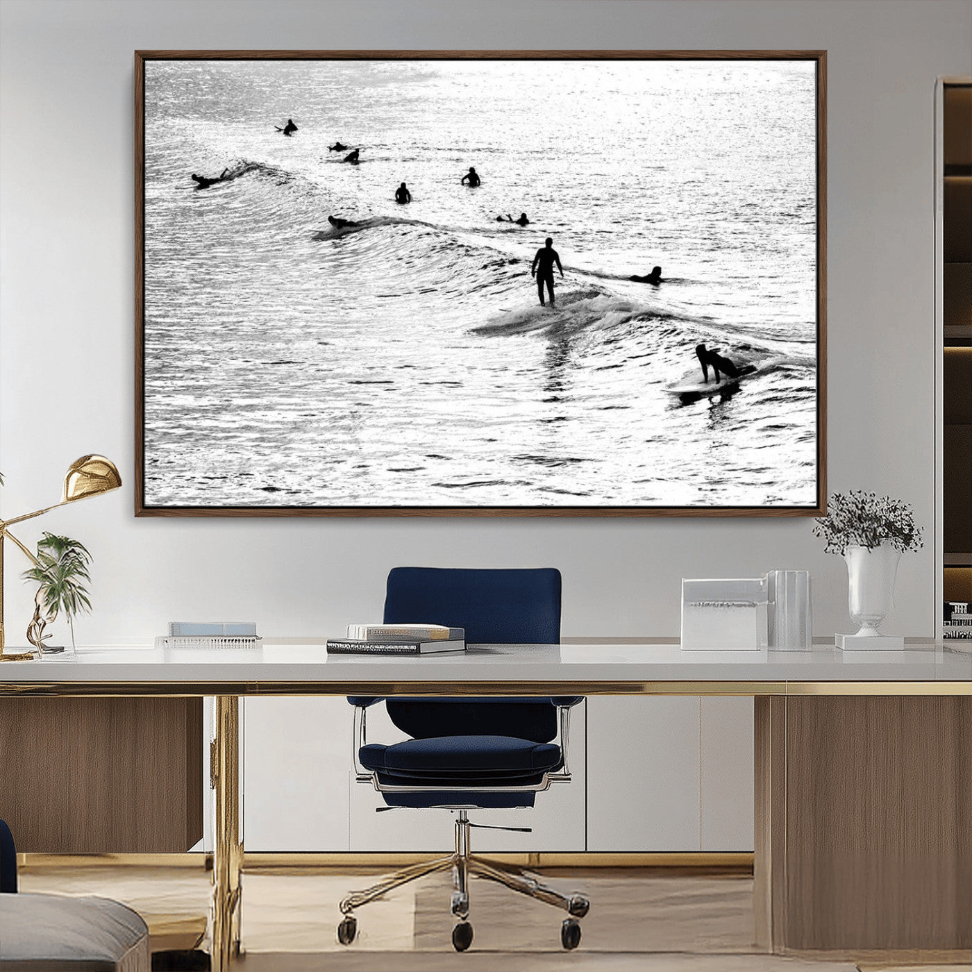 68018616-MGV-CV-36X24-Black and White Surf Photography Print – Minimalist Ocean Wall Art, Surfers Riding Waves, Coastal Beach Decor for Modern Home or