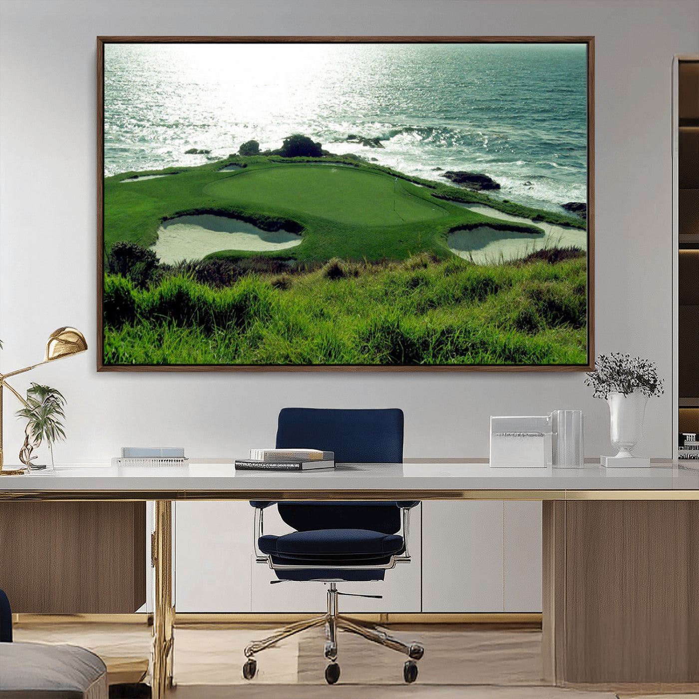 48473947-MGV-CV-36X24-Ocean Golf Course Wall Art – Panoramic Green Fairway Canvas Print, Coastal Golf Landscape Photography Sports Decor for Office, Man