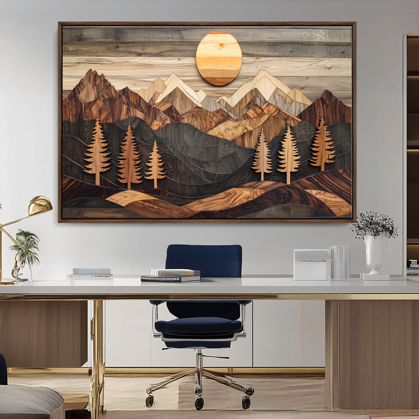 90044381-MGV-CV-36X24-Rustic Wall Art – Wooden Mountain Landscape with Sun and Pine Trees, Handcrafted Nature Canvas Style Decor for Bedroom, Living