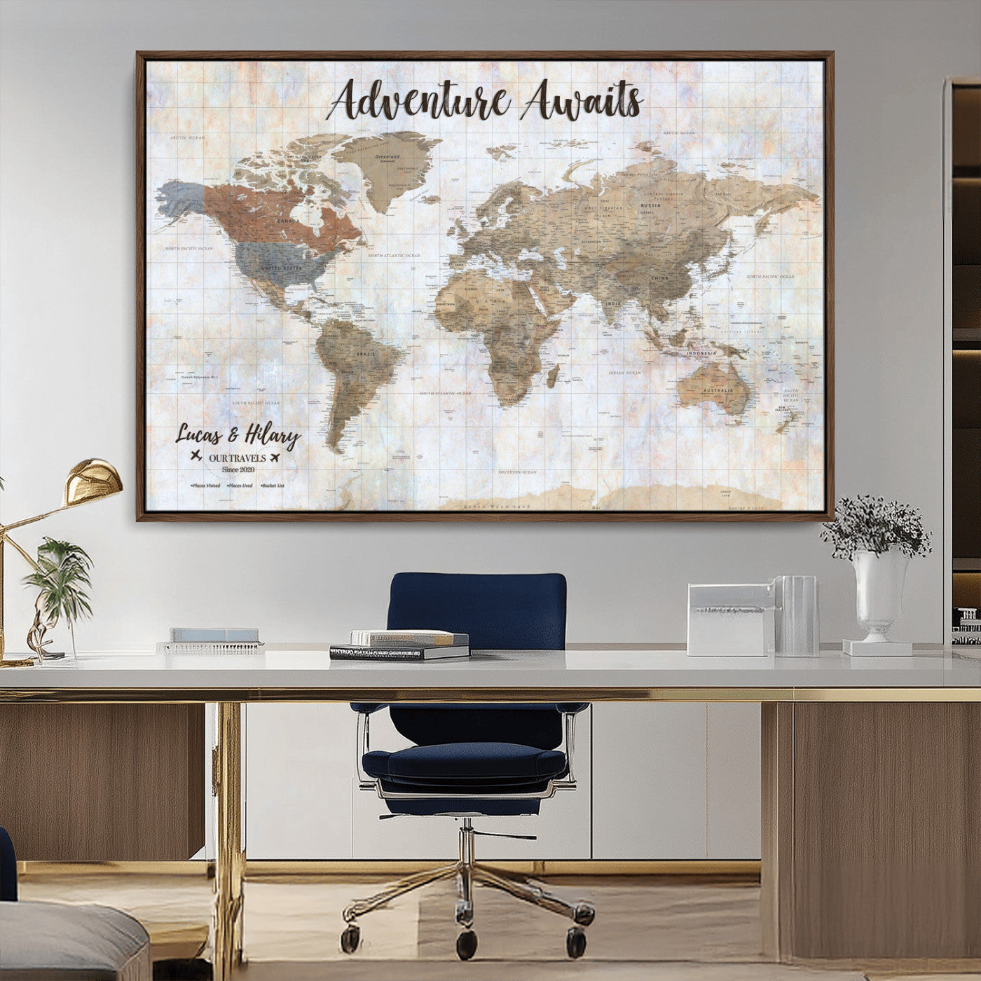 30792405-MGV-CV-36X24-Personalized World Map Wall Art – Rustic Beige Adventure Travel Map with Custom Couple Names, Vintage Wall Decor for Home or