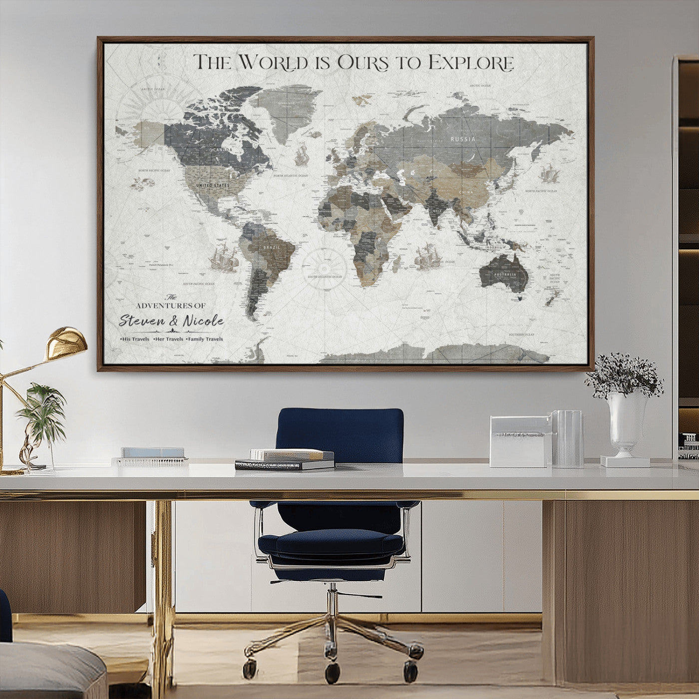 97082026-MGV-CV-36X24-Personalized World Map Wall Art – Vintage Gray Adventure Travel Map with Custom Couple or Family Names, Rustic Wall Decor for Home
