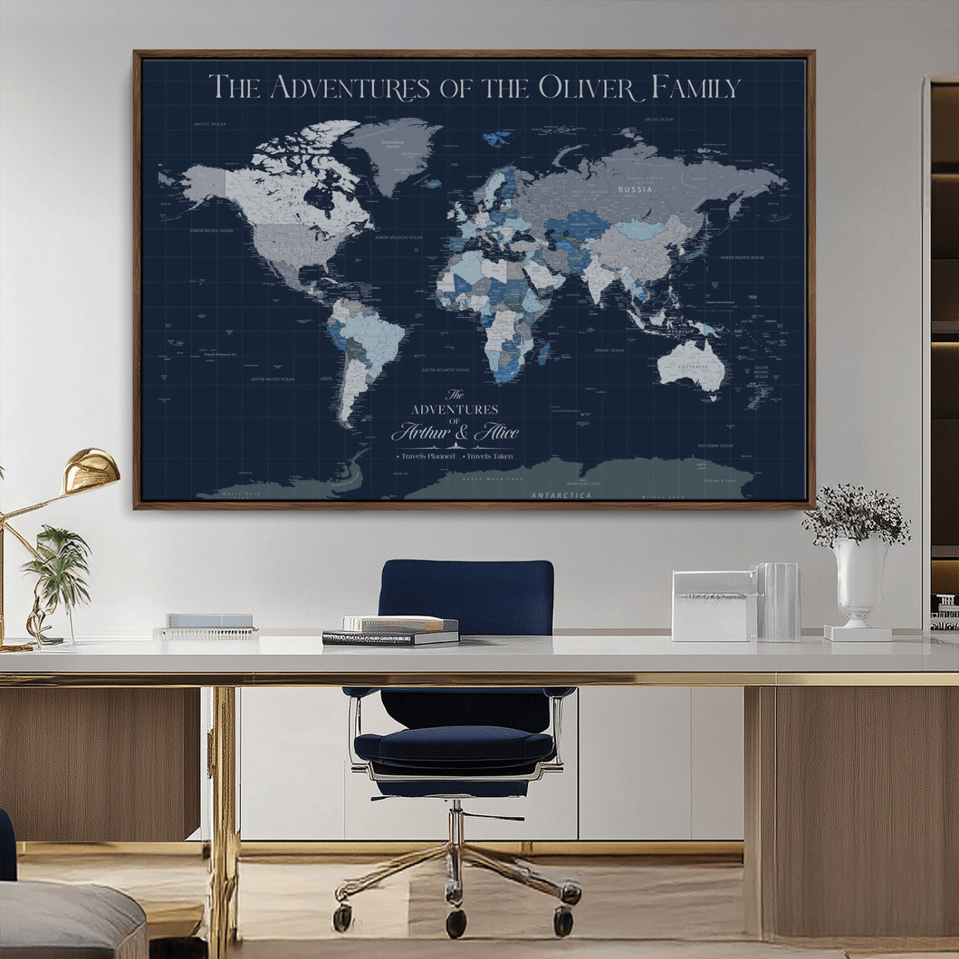 76726424-MGV-CV-36X24-Personalized World Map Wall Art – Navy Blue & Grey Adventure Travel Map with Custom Family or Couple Names, Modern Wall Decor for