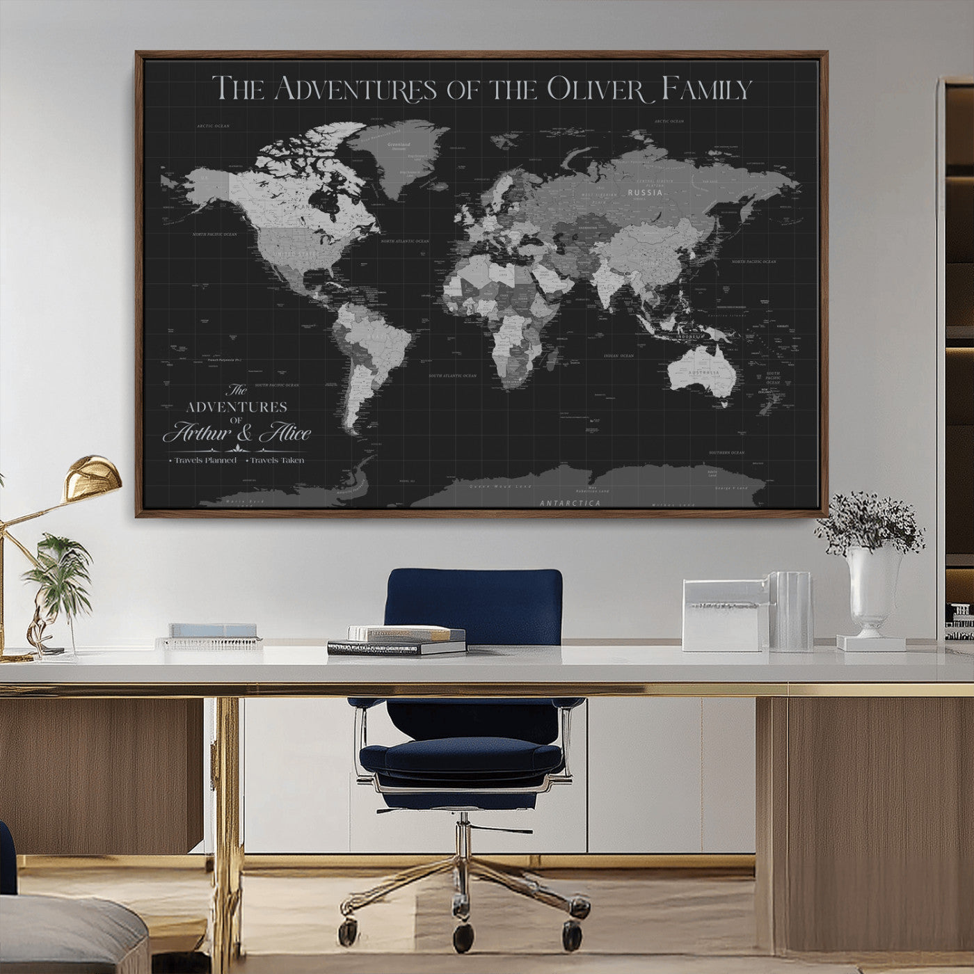 46064114-MGV-CV-36X24-Personalized World Map Wall Art – Black & Grey Adventure Travel Map with Custom Family or Couple Names, Modern Wall Decor for Home