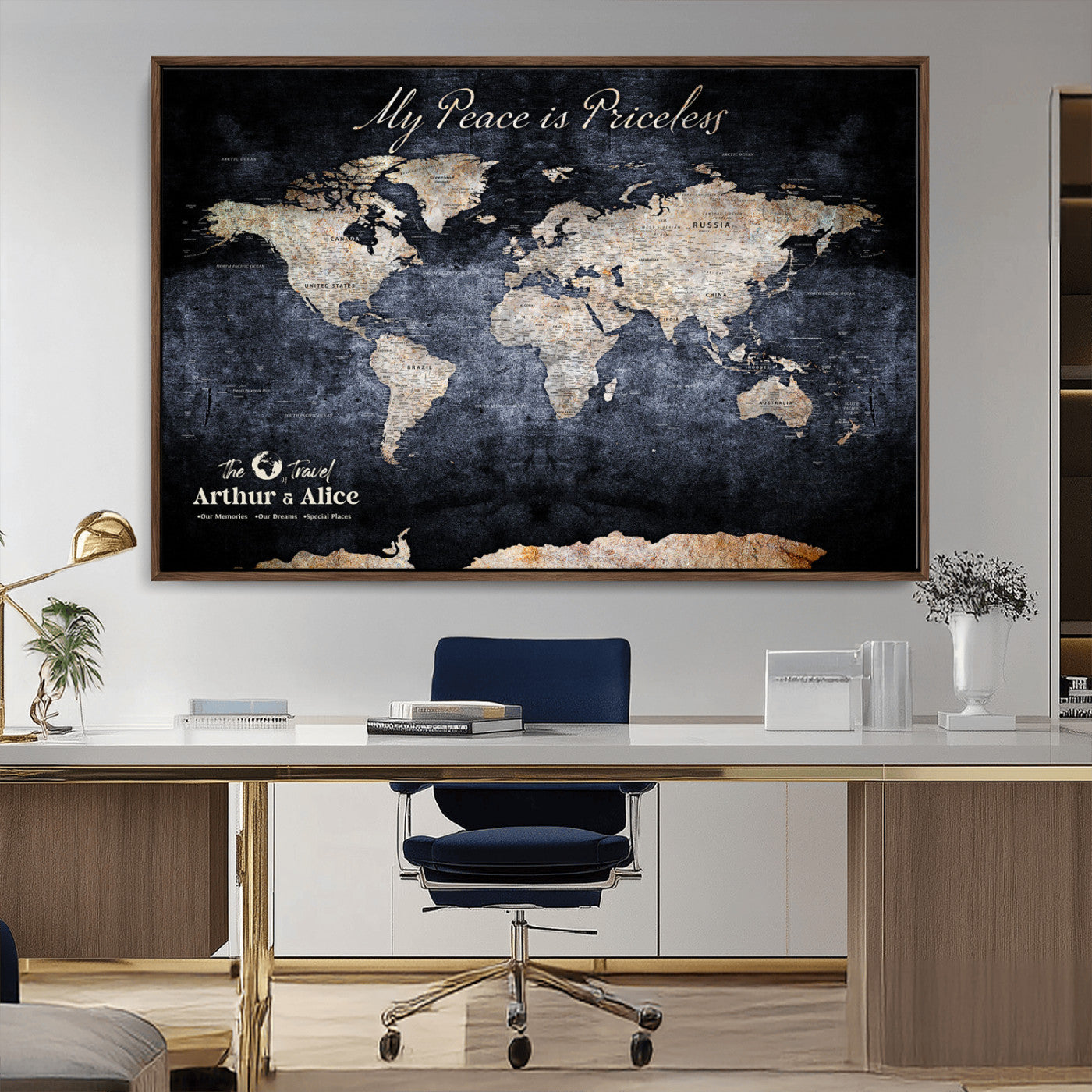 85403043-MGV-CV-36X24-Personalized World Map Wall Art – Dark Blue Rustic Adventure Map with Custom Couple Names, Vintage Wall Decor for Home or Travel