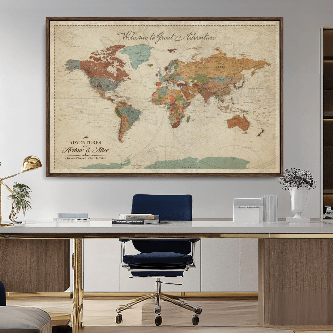 43497401-MGV-CV-36X24-Personalized World Map Wall Art – Vintage Rustic Adventure Travel Map with Custom Couple Names, Welcome to Great Adventure Wall