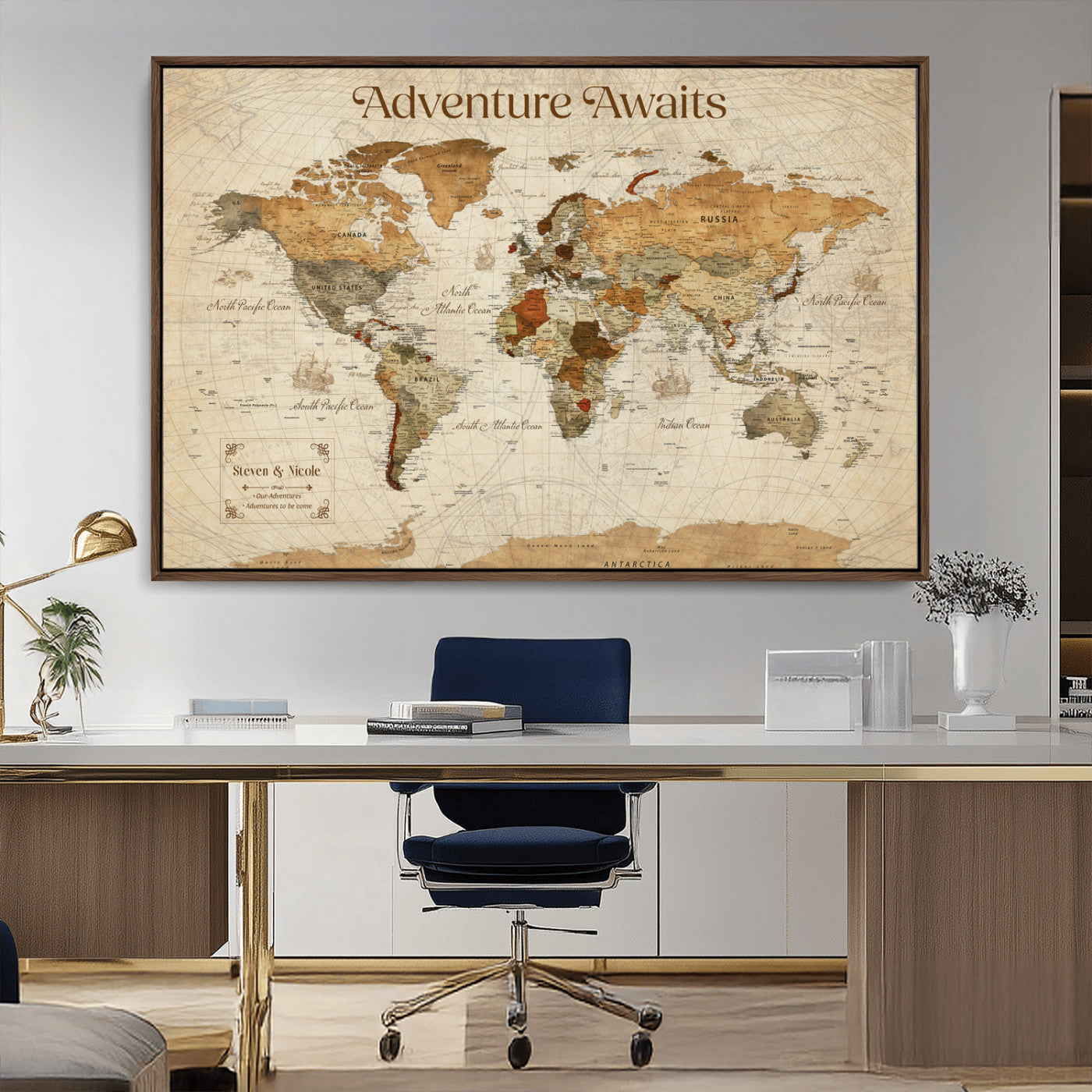 18685073-MGV-CV-36X24-Personalized World Map Wall Art – Antique Vintage Parchment Adventure Awaits Travel Map with Custom Couple Names, Rustic Wall