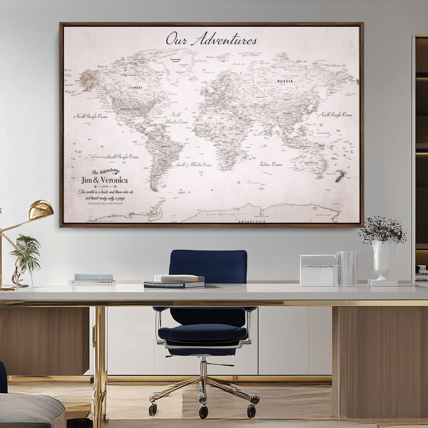 11706567-MGV-CV-36X24-Personalized World Map Wall Art – Minimalist Beige Adventure Travel Map with Custom Names, Elegant Push Pin Canvas for Couples,