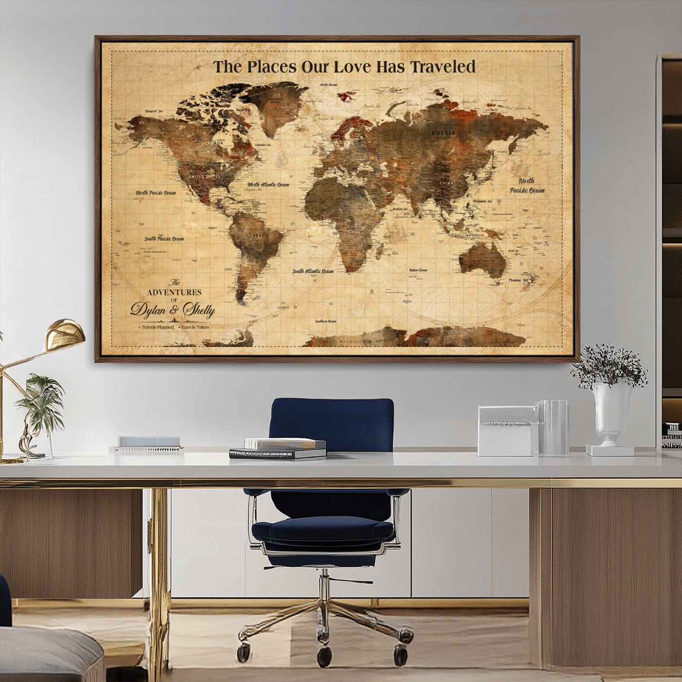 50680593-MGV-FC-36X24_Walnut-Personalized World Map Wall Art – Rustic Brown Adventure Travel Map with Custom Names, Elegant Push Pin Canvas for Couples Home,