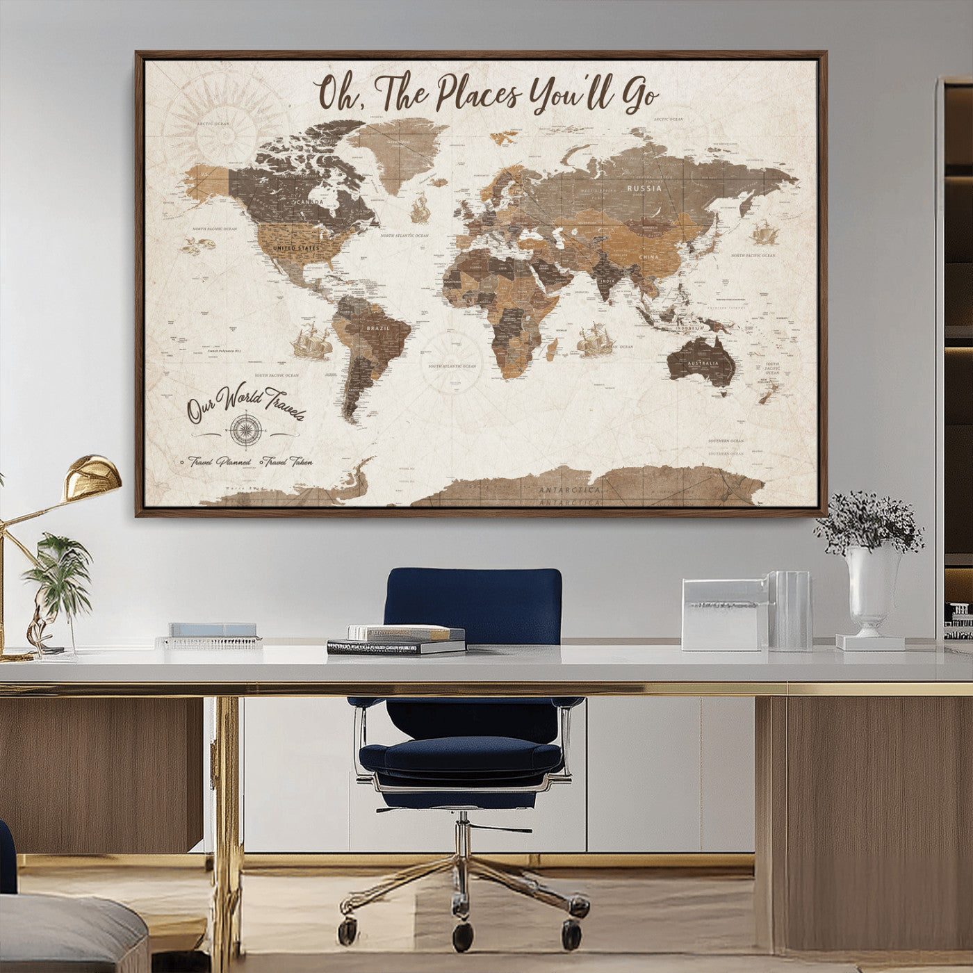 14140137-MGV-CV-36X24-Personalized World Map Wall Art – Vintage Nautical Adventure Map with Ships and Compass, Rustic Sepia Tones for Travel Lovers and