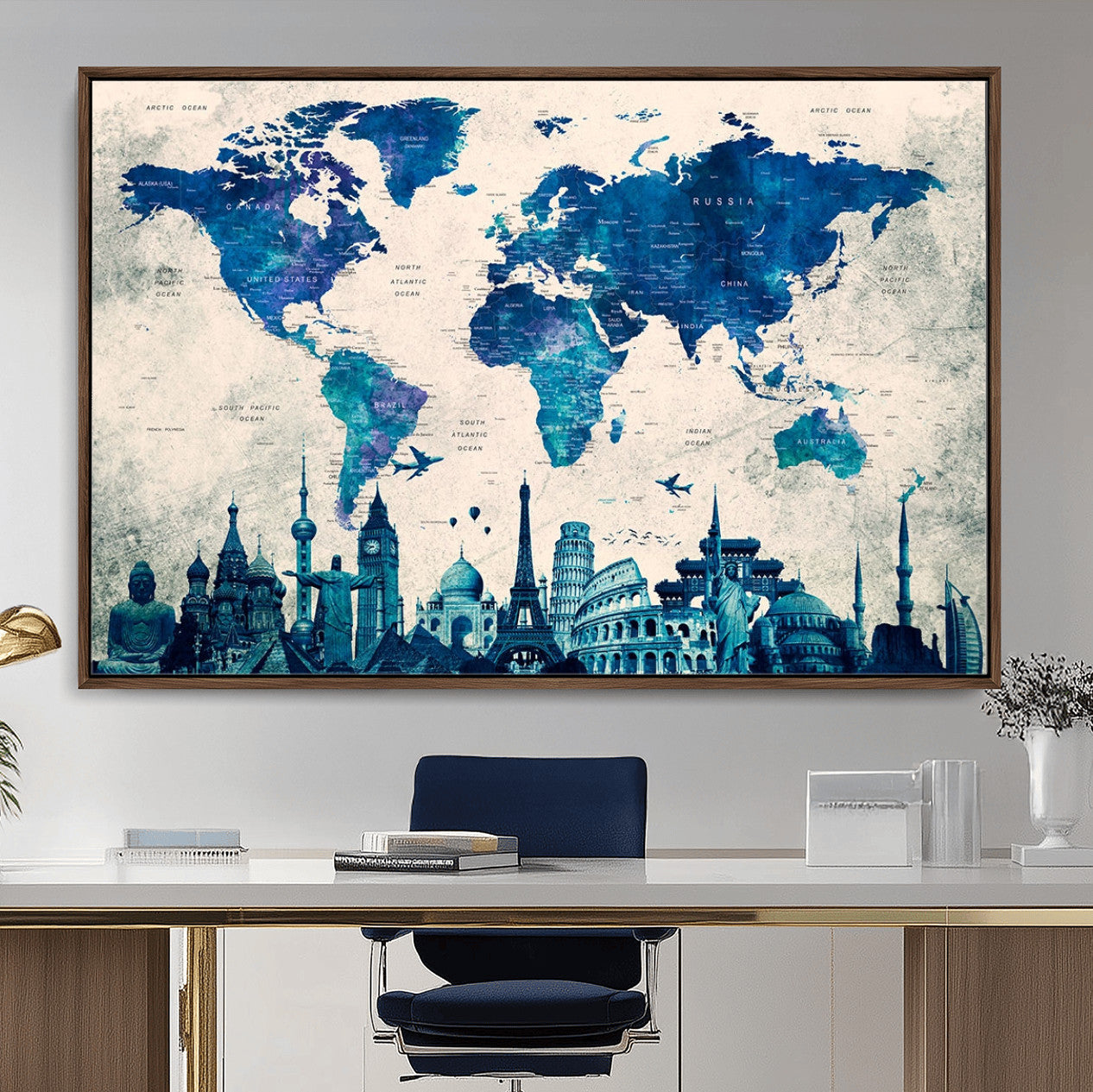 MGV-FC-36X24 - Blue World Map Wall Art Canvas Print, Framed Iconic Landmarks Art Picture Print, Blue Globe Map Perfect Elegant Explorer Decor Artwork