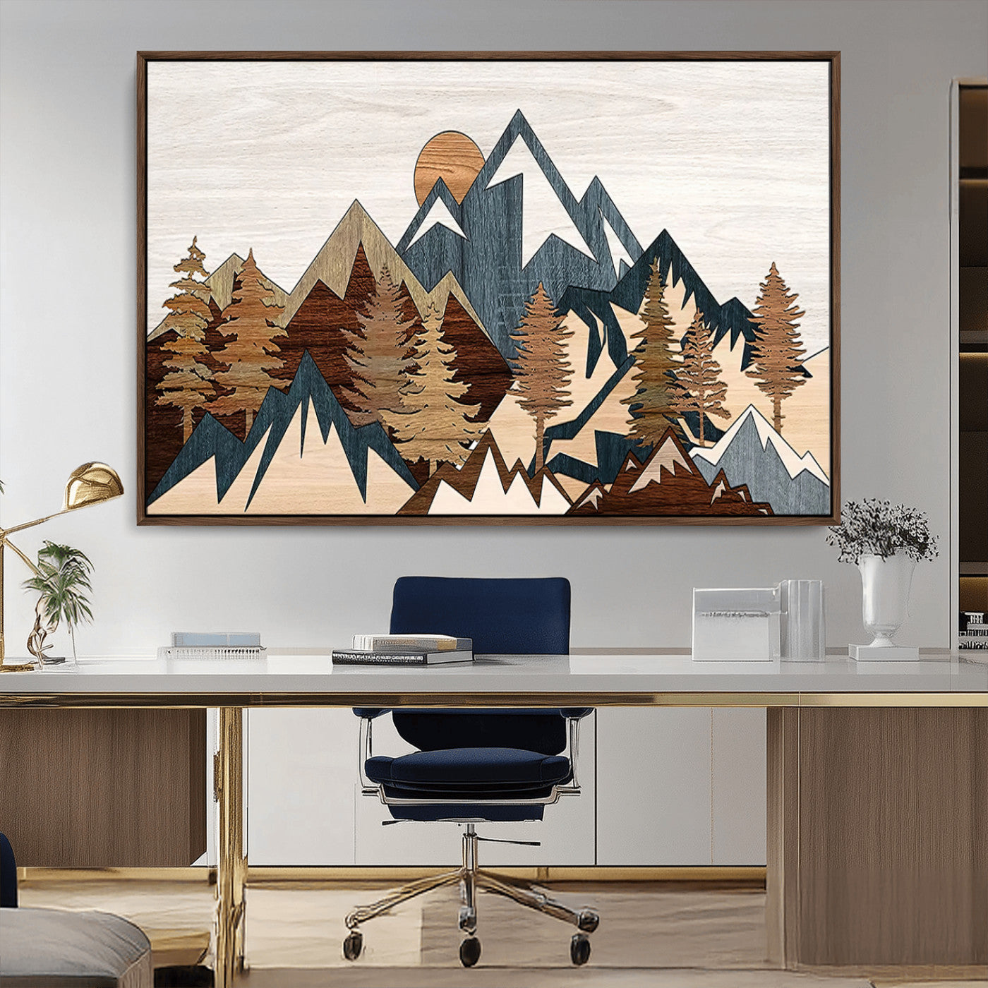 80300-MGV-CV-36X24-Geometric Mountains Wall Art Canvas Print, Framed Stylized Trees Art Picture Print, Graphic Forest Perfect Rustic Abstract Decor