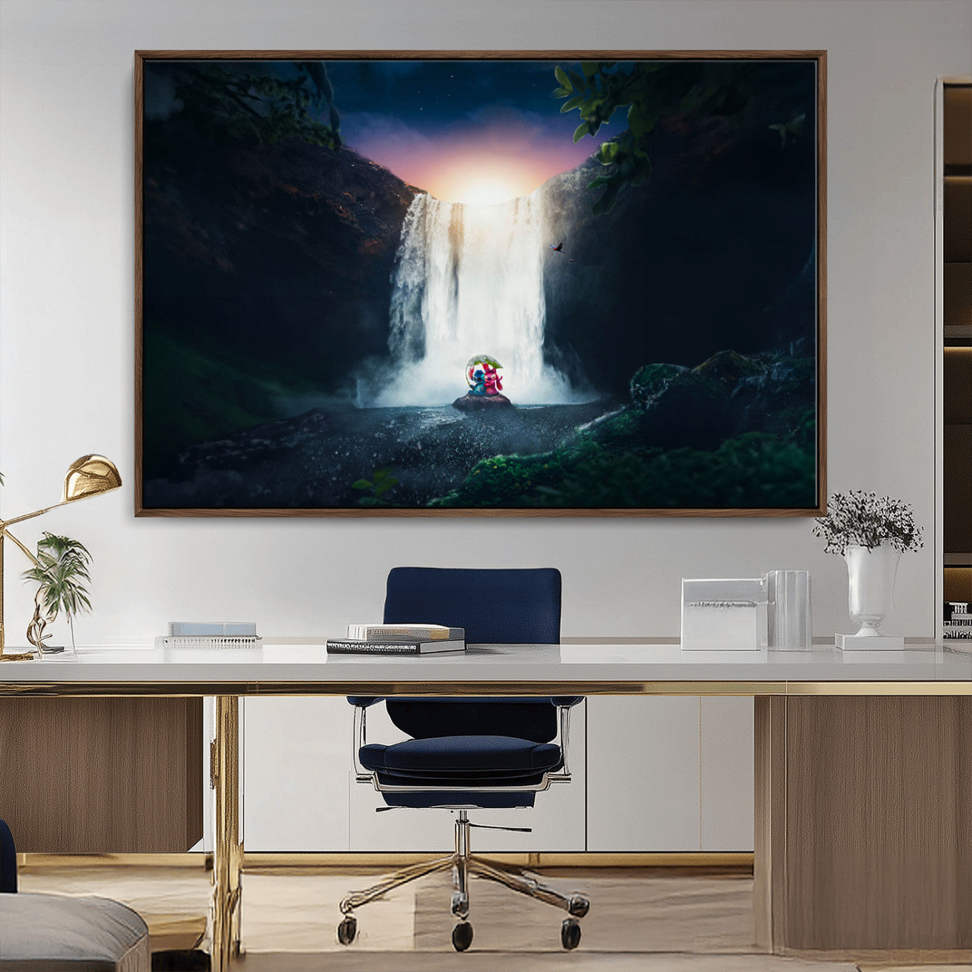 56359-MGV-CV-36X24-Lilo Stitch Wall Art Canvas Print, Framed Stitch Angel Art Picture Print, Cartoon Waterfall Perfect Tropical Fantasy Decor Artwork