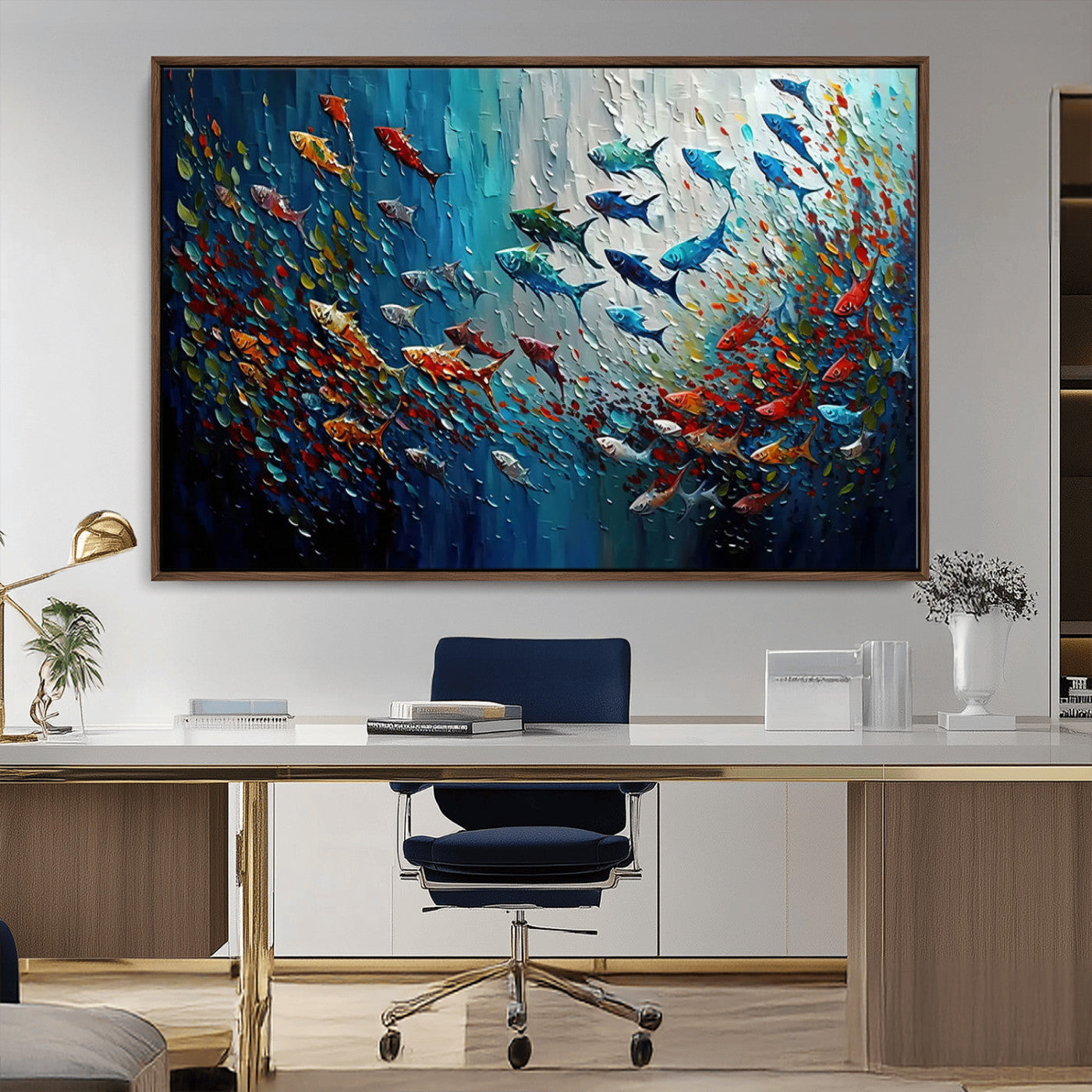 89626-MGV-CV-36X24-Fish Swarm Wall Art Canvas Print, Framed Abstract Ocean Art Picture Print, Underwater Life Perfect Vibrant Coastal Decor Artwork