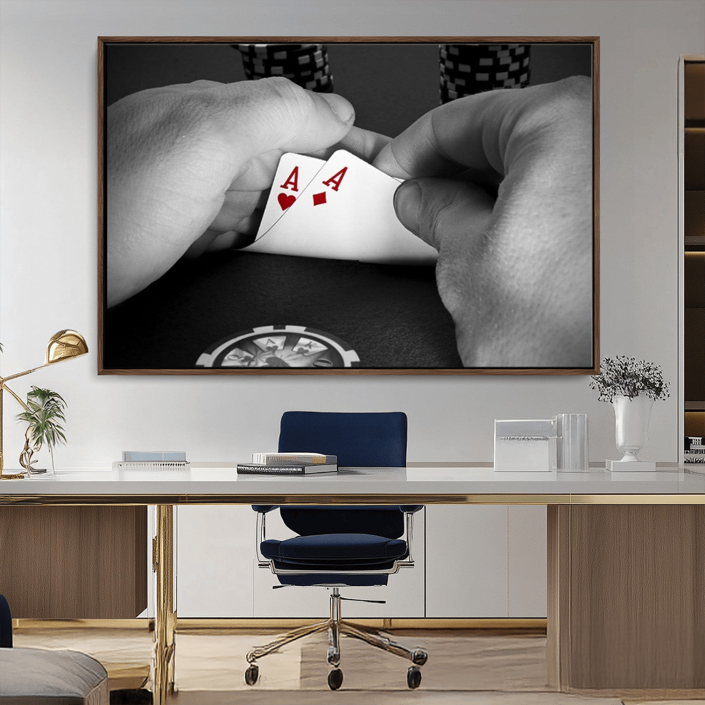 62460-MGV-CV-36X24-Poker Game Wall Art – Close Up of Hands Holding Aces with Chips, Casino Style Decor for Game Room, Man Cave or Office